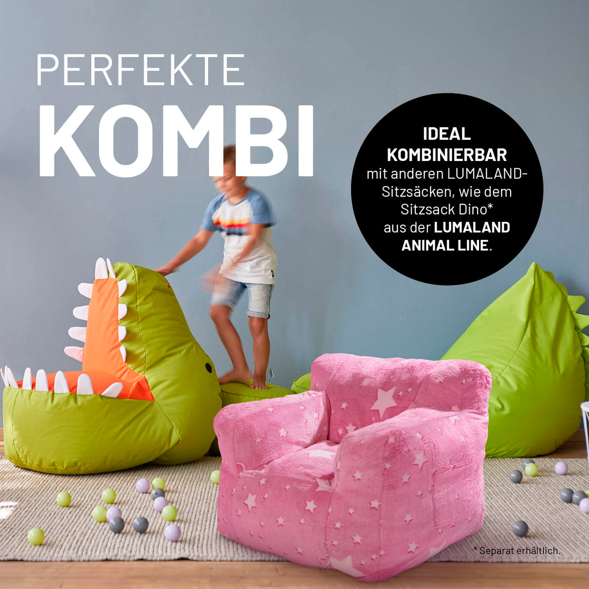 Sessel „Glow in the Dark“ - Pink mit leuchtendem Sternen-Design, weichem Material und praktischer Seitentasche für Kinderzimmer.