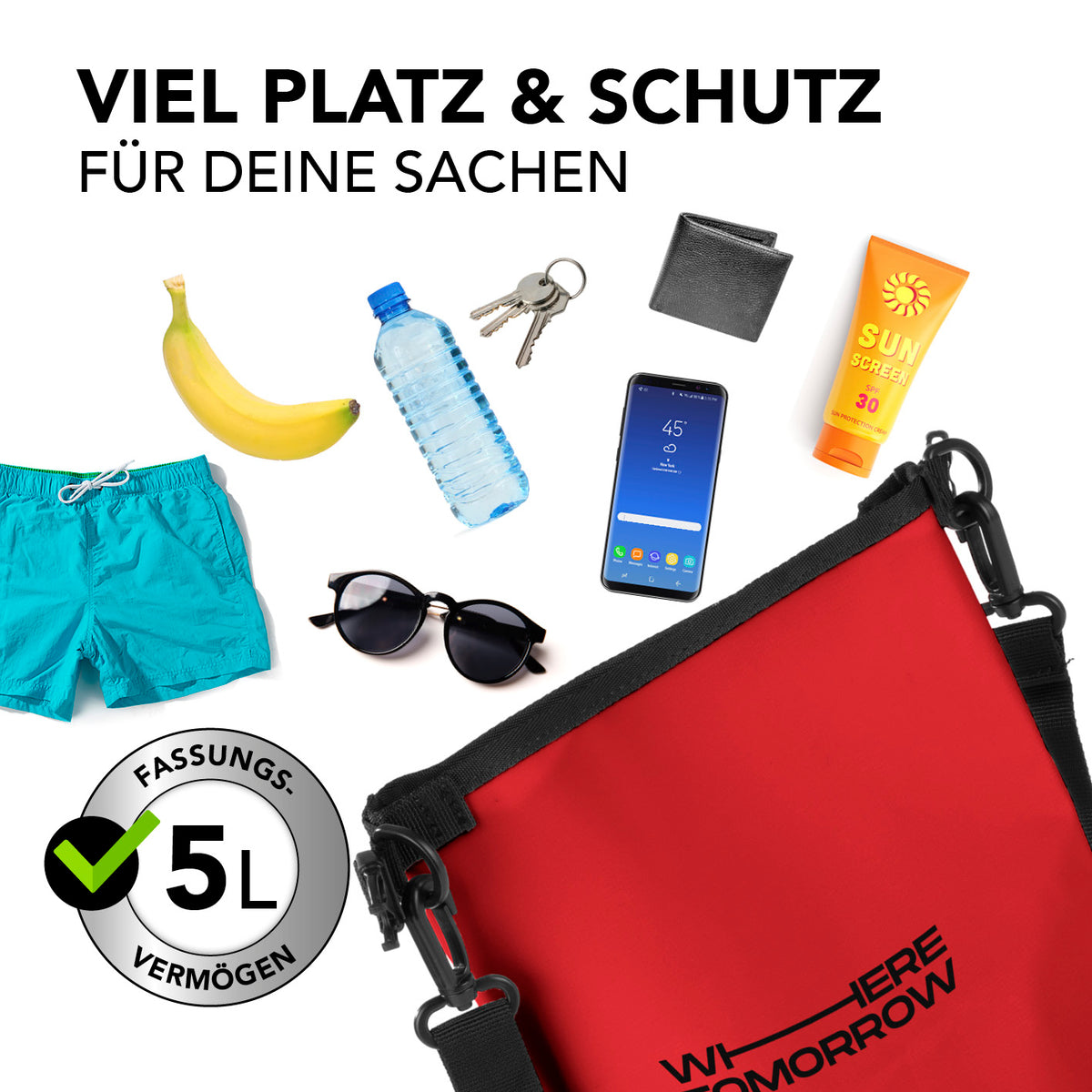 Dry Bag 5L - Style 01 - Rot, wasserdichter und robuster Outdoor-Rucksack mit viel Platz für Handy, Geldbörse und mehr.