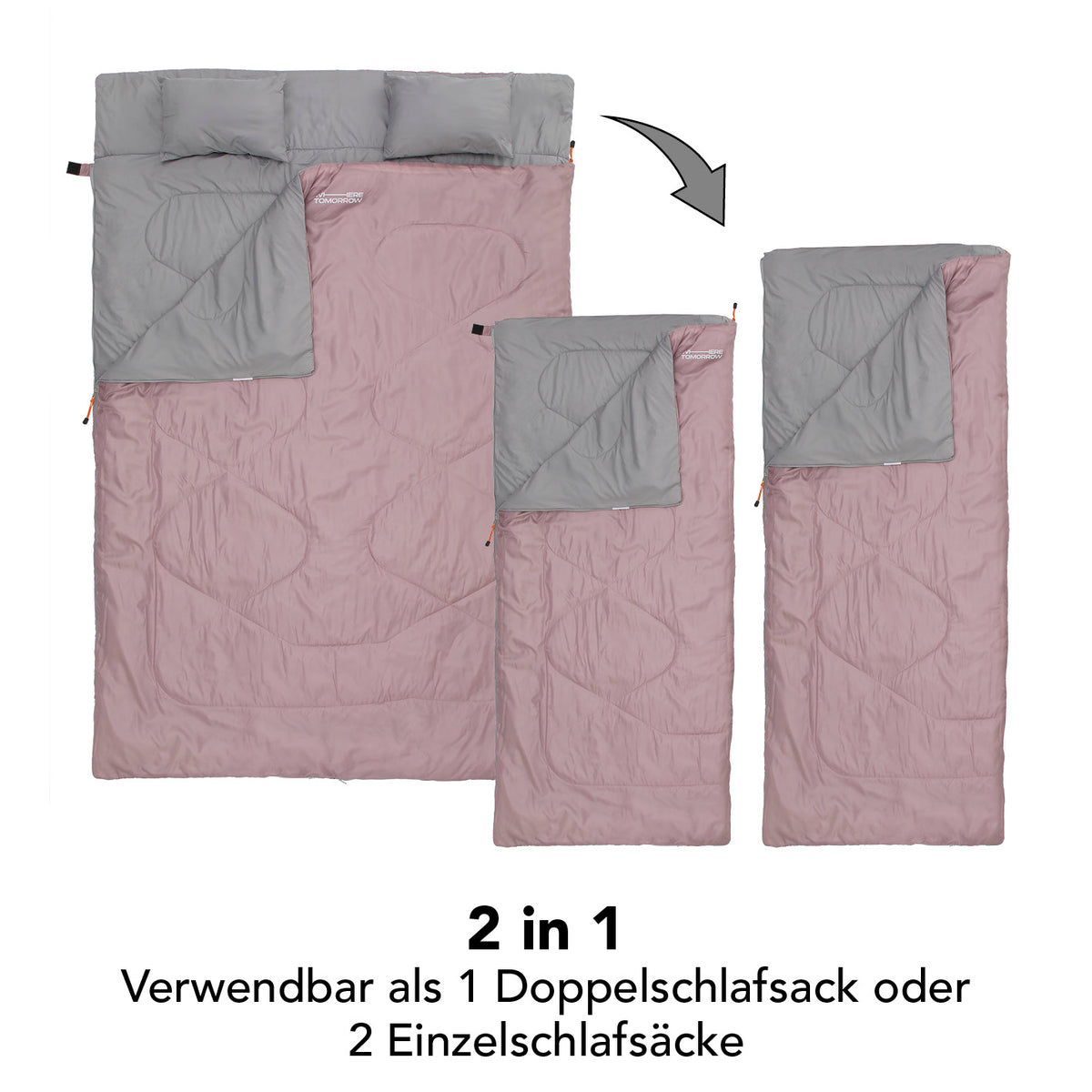 Doppelschlafsack mit Tragetasche - 2-Personen Schlafsack 190x150 cm Rosé, 2in1 als Doppel- oder Einzelschlafsack nutzbar.