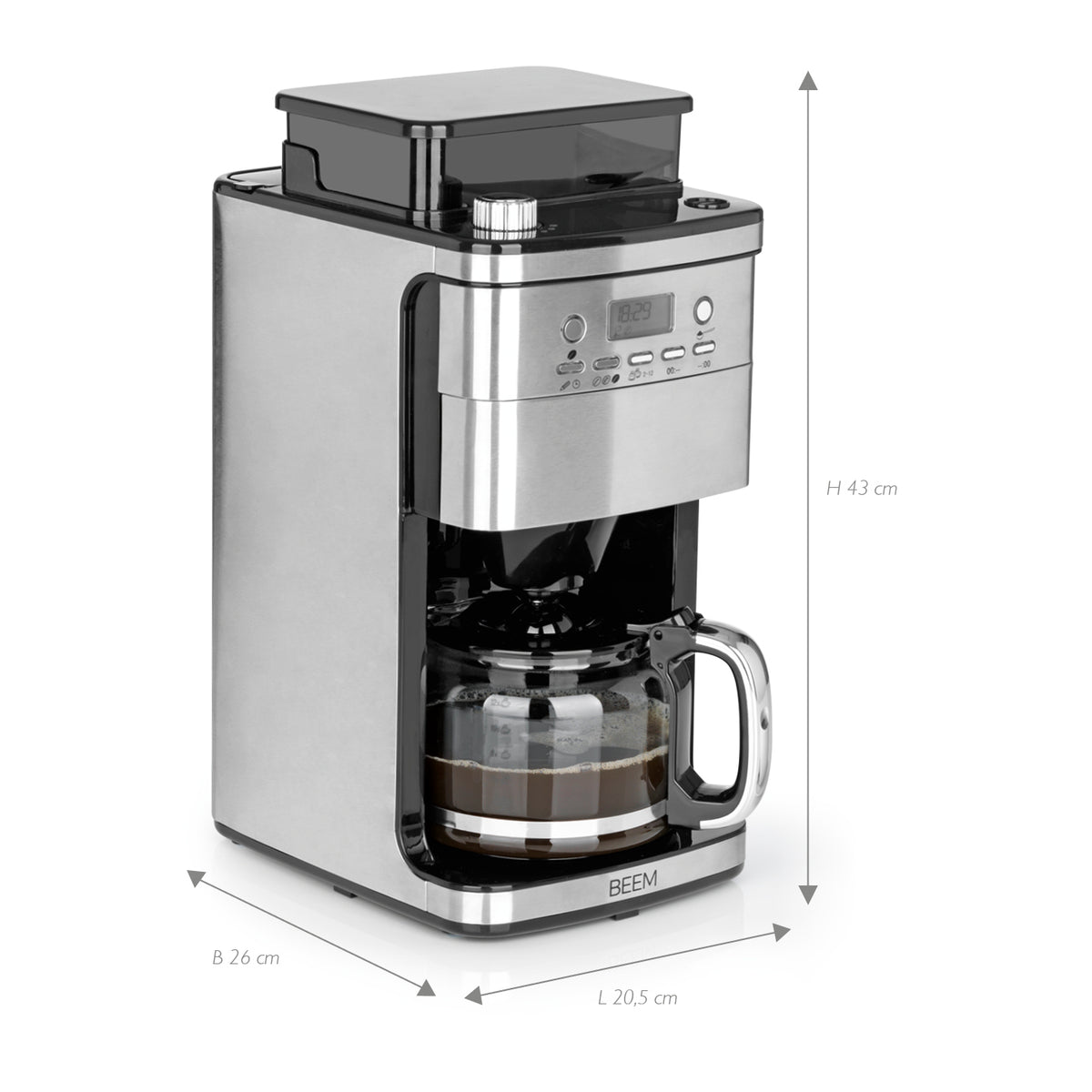 FRESH-AROMA-PERFECT SUPERIOR Filterkaffeemaschine mit Mahlwerk und Glaskanne für 12 Tassen, 28-stufige Mahlgradeinstellung, Timer und Warmhalteplatte.
