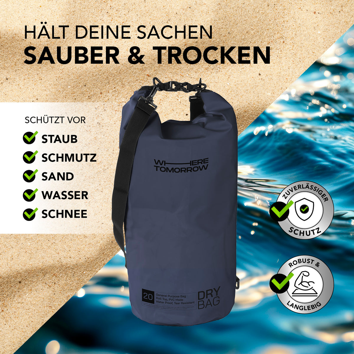 Dry Bag 20L - Style 01 - Dunkelblau, wasserdichter Outdoor-Rucksack schützt vor Staub, Schmutz, Wasser und ist robust für Abenteuer.