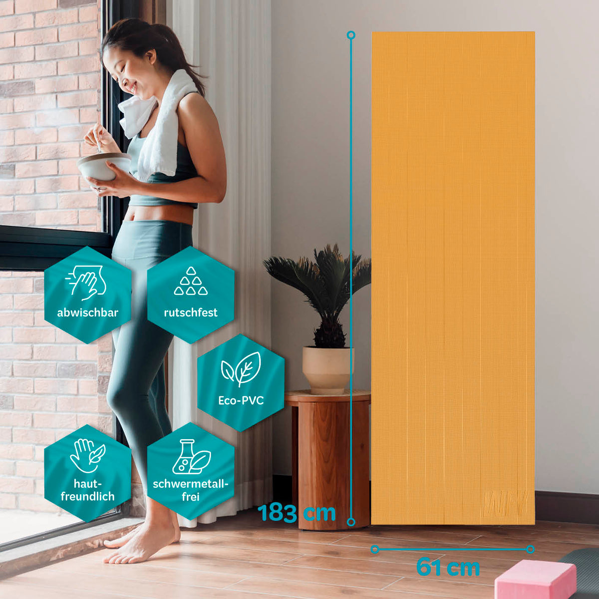 Yogamatte Kirana - 183 x 61 x 0,4 cm - Curry, weich, rutschfest, hautfreundlich, abwischbar, aus hochwertigem Eco-PVC.