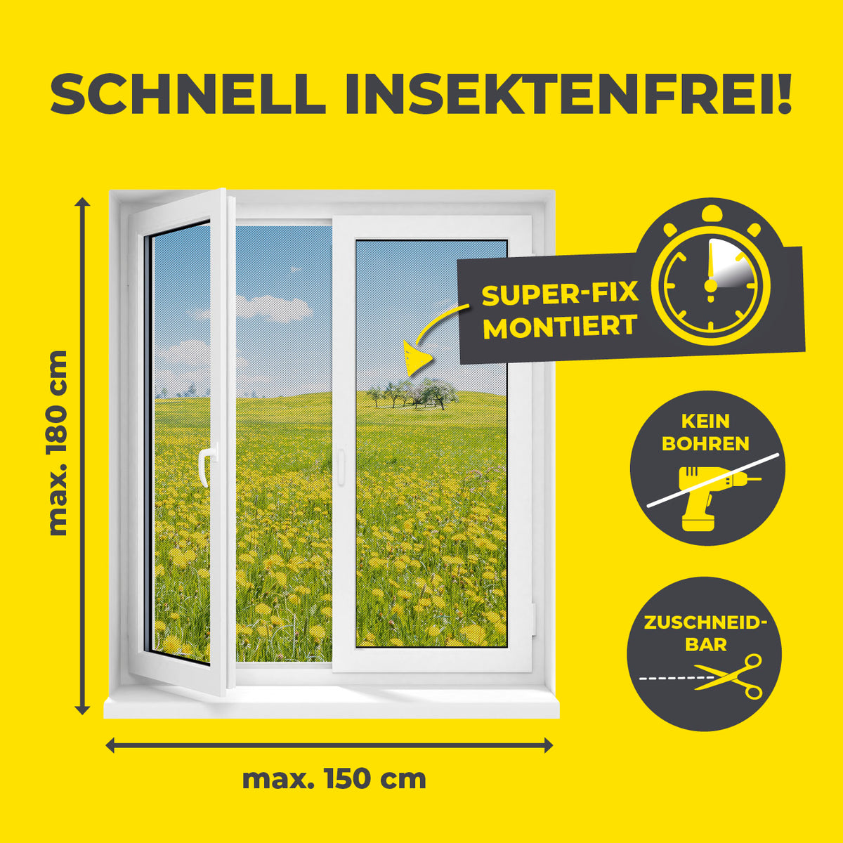 Insektenschutzgitter mit Magnetbefestigung - 4er-Set - 150 x 180 cm - Schwarz für schnelle Montage ohne Bohren und Zuschneiden