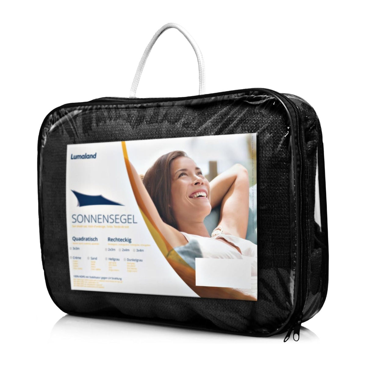 Sonnensegel 100% HDPE mit Stabilisator für UV-Schutz - Rechteck 5 x 7 Meter - Schwarz, robust und pflegeleicht verpackt.