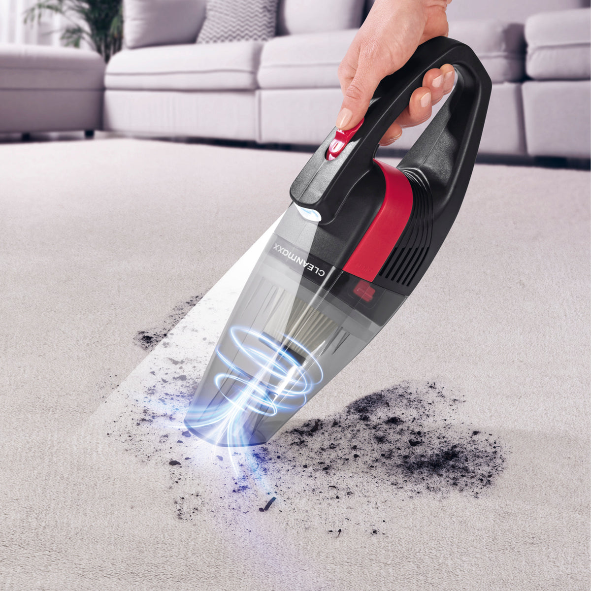 Akku-Handstaubsauger - grau/rot, kabellos mit LED, leistungsstarkem Akku und abnehmbarem Schmutzauffangbehälter, ideal für schwer erreichbare Stellen.