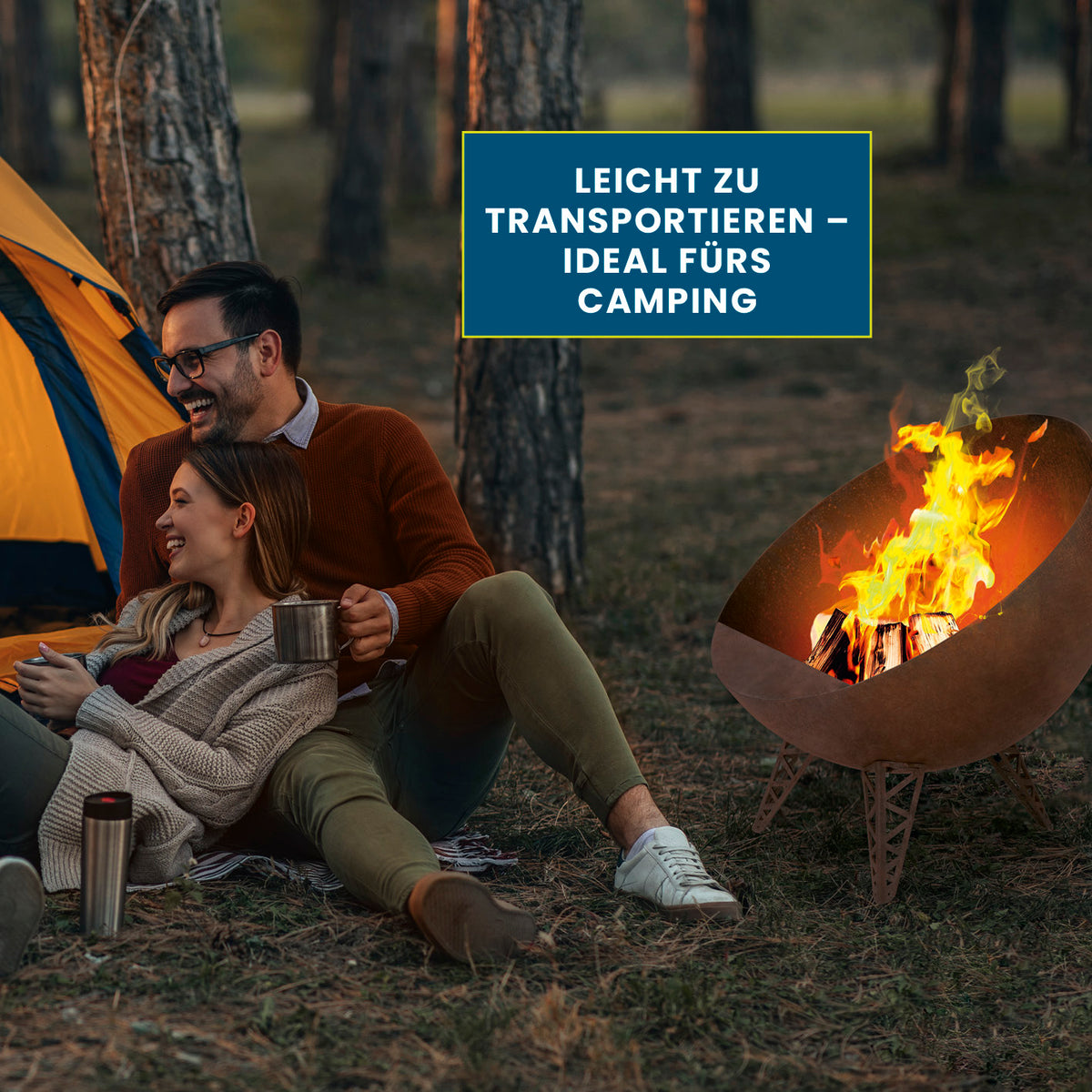 Feuerschale in Rost-Patina - Ø 58 cm mit halbkugelförmigem Design, stabilem Stahl und kippsicherem Stand beim Camping.