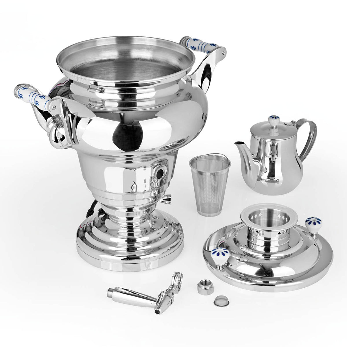 SORAYA Samowar - 10 l | Edelstahl zerlegt, zeigt Teebehälter, Kanne, Tasse und Deckel in glänzendem Edelstahldesign.