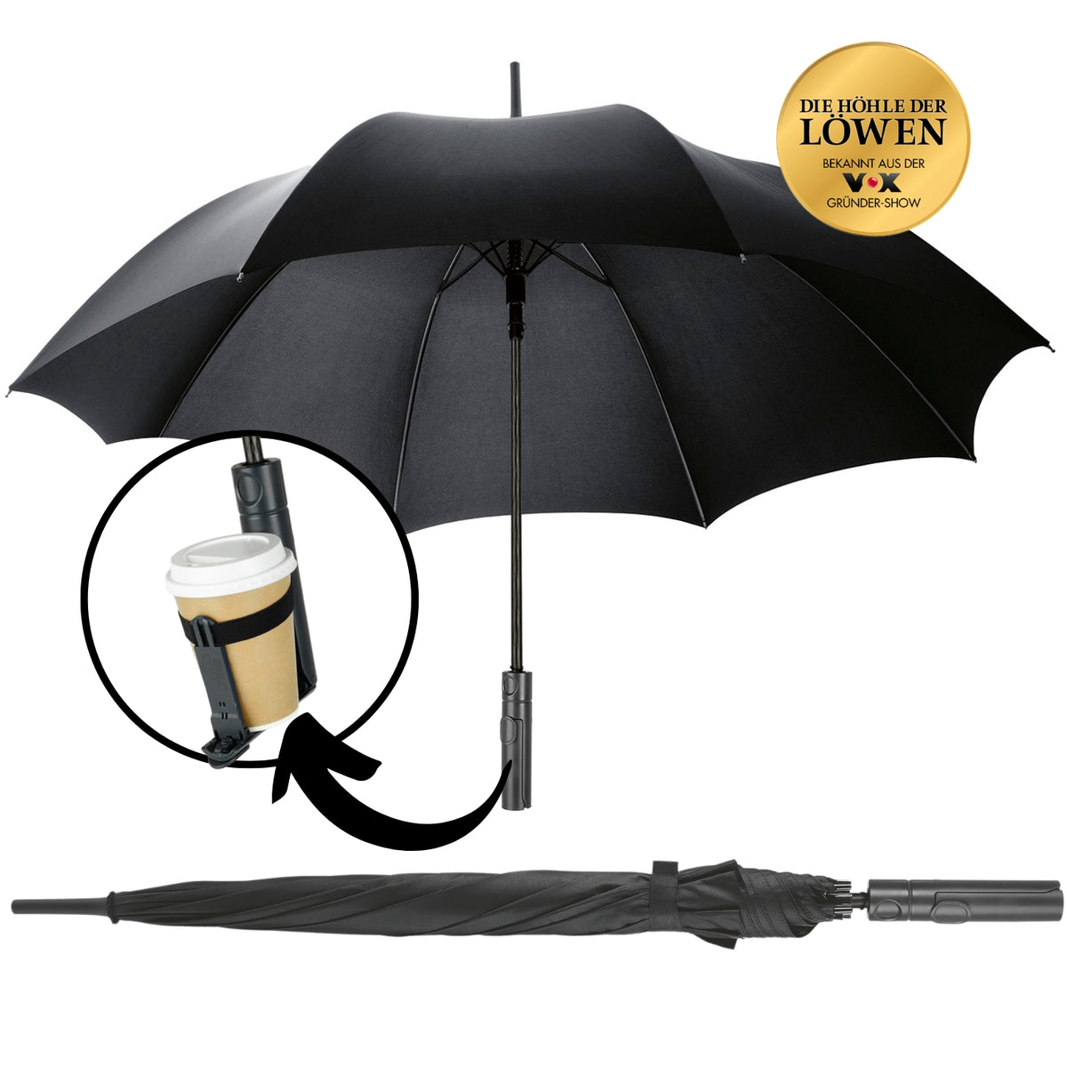Regenschirm mit Getränkehalter aus wetterfestem Material, sturmfestem Rahmen und integriertem Halter für 0,3 bis 0,5 Liter Gefäße.