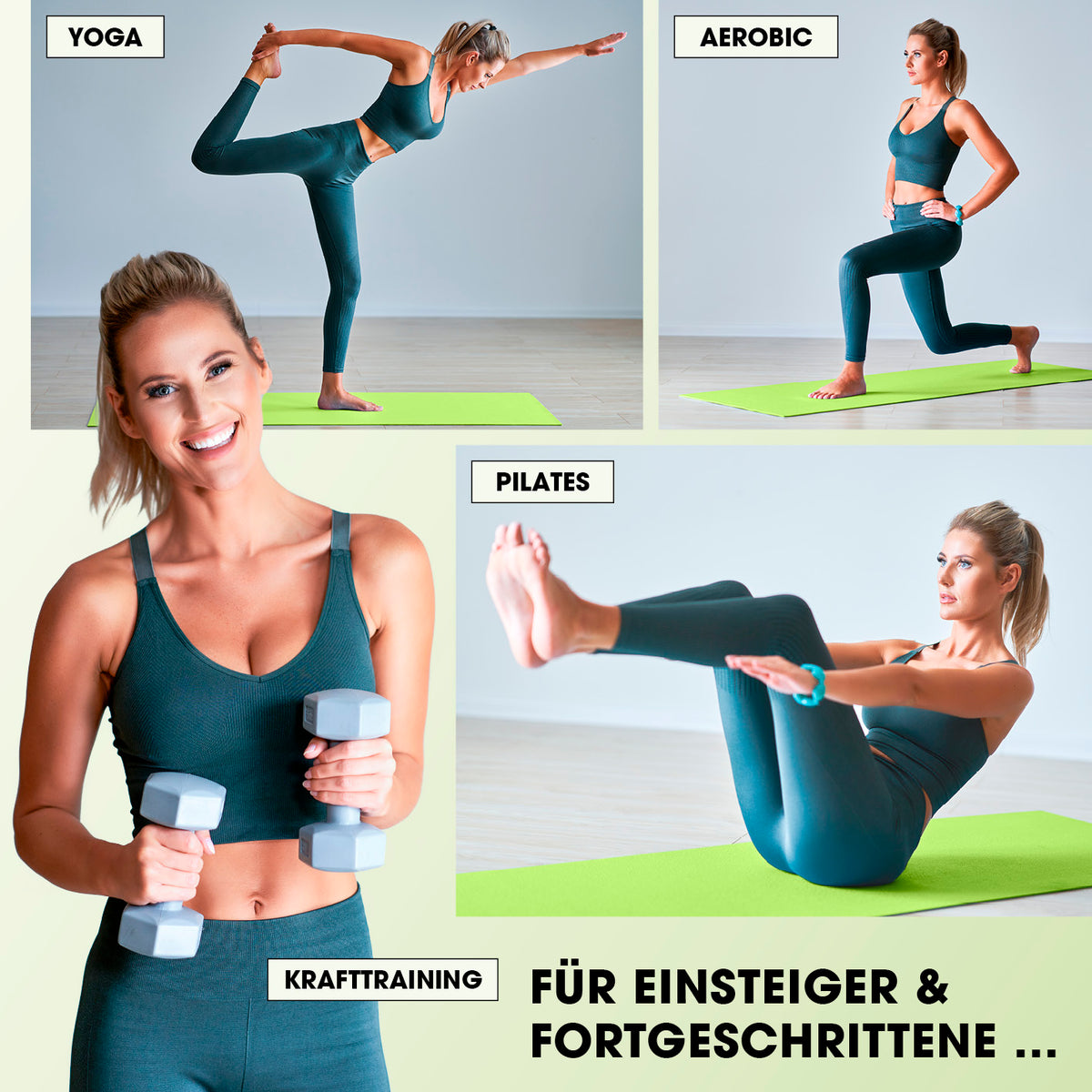 Fitness- und Gymnastikmatte - 183 x 61 x 1,5 cm - Grün, rutschfest und robust für Yoga, Pilates, Aerobic und Krafttraining.