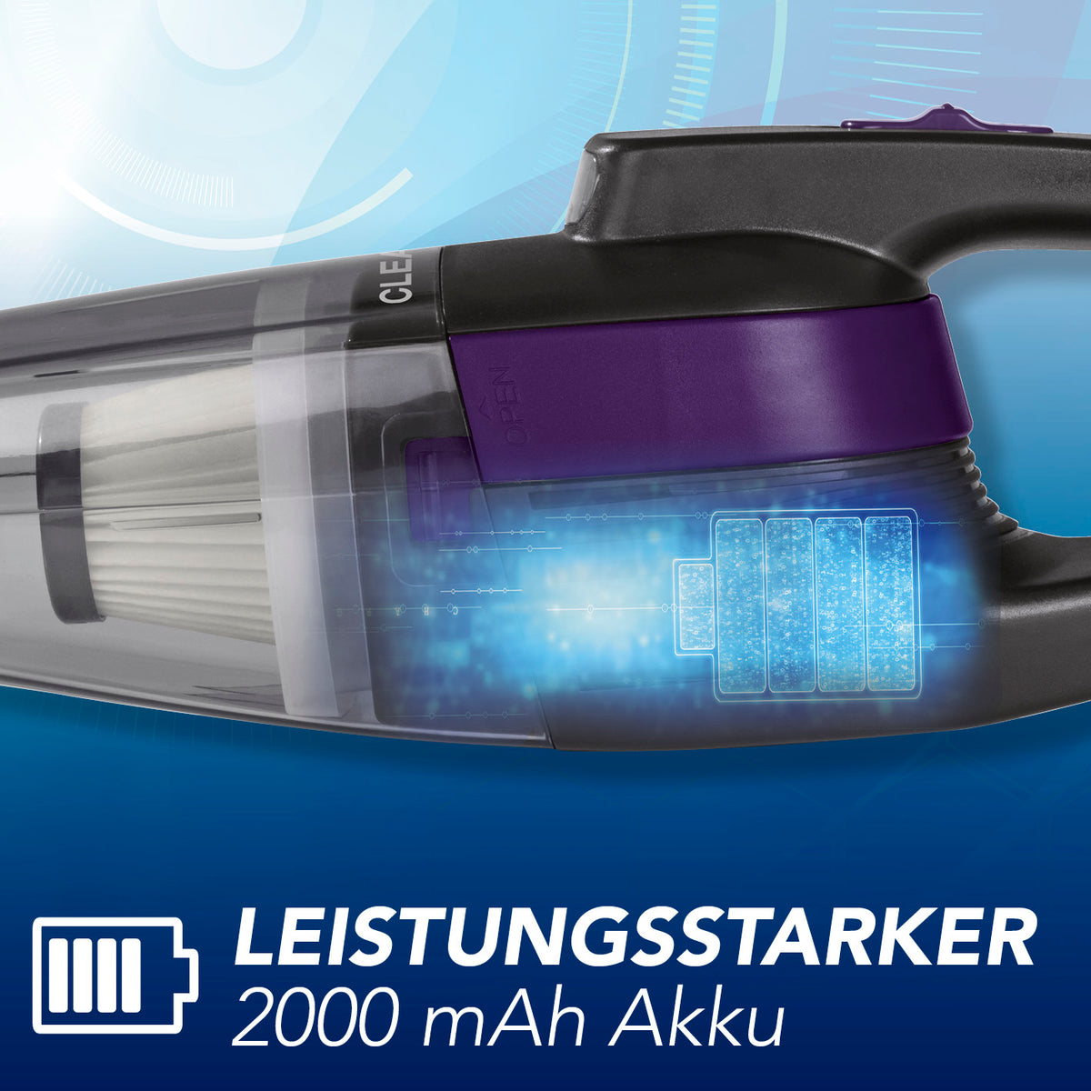 Akku-Handstaubsauger mit 2000 mAh Akku, kabellos und leistungsstark für flexible und einfache Reinigung in allen Bereichen.