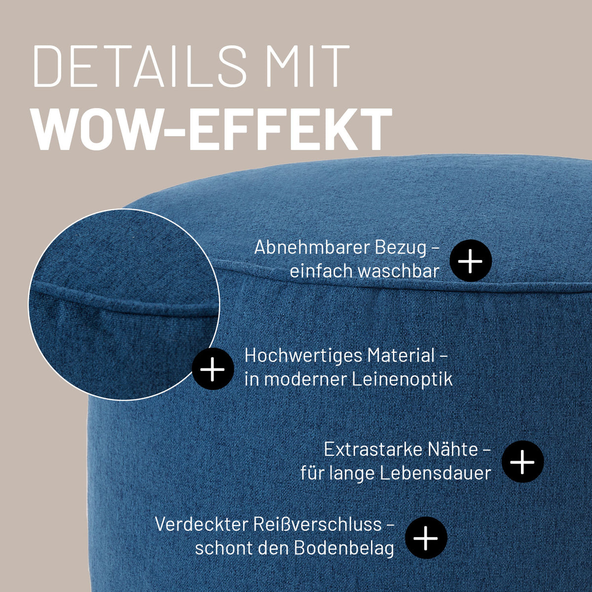 Comfort Line Sitzsack-Hocker/Pouf (50 L) Dunkelblau mit abnehmbarem Bezug, Leinenoptik, extrastarken Nähten und verdecktem Reißverschluss.