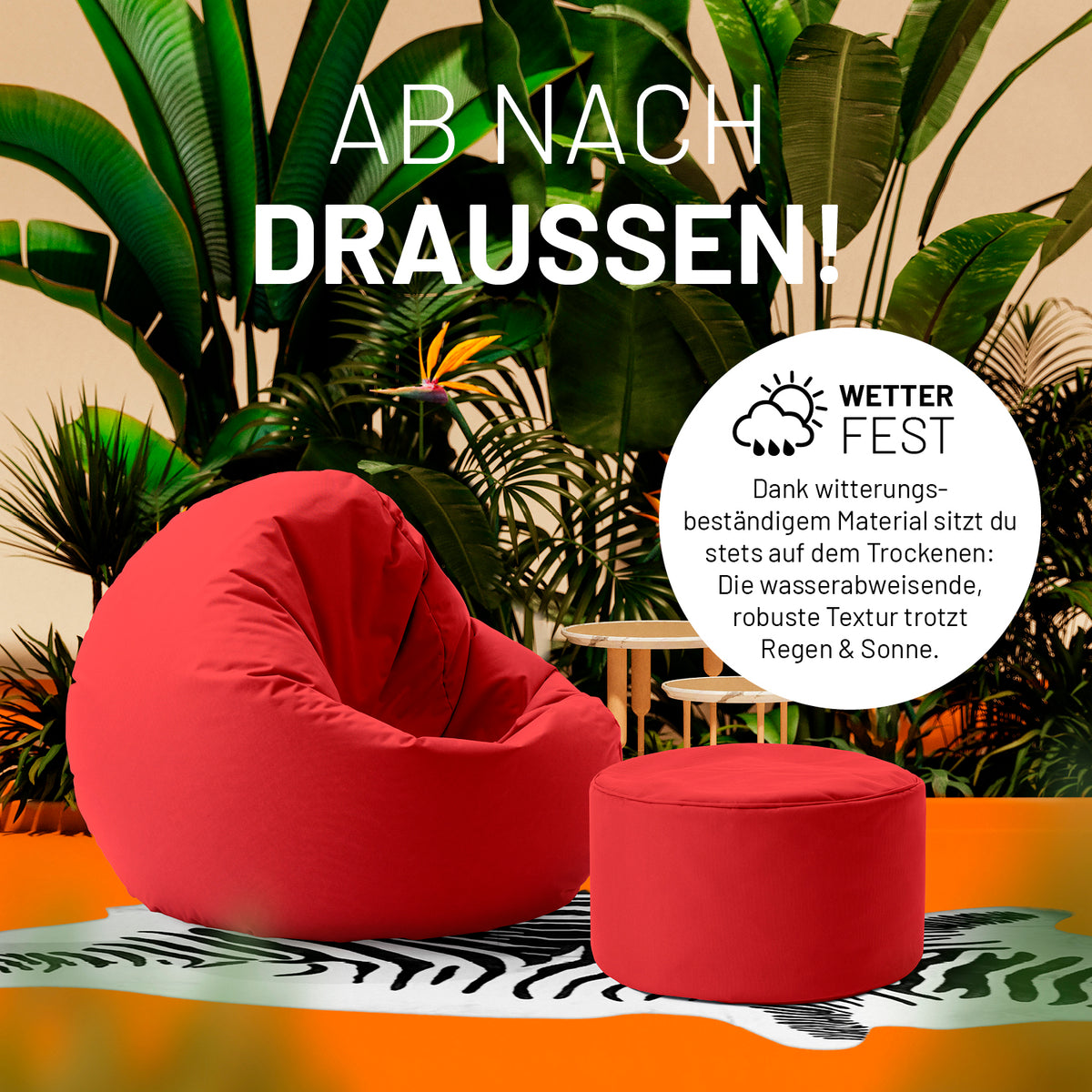 Sitzsack-Hocker/Pouf (50 L) in Rot, wetterfest, für drinnen und draußen, robustes und pflegeleichtes Material, vielseitig nutzbar.