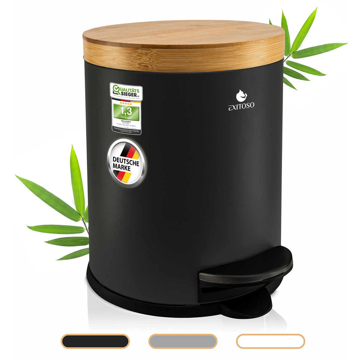 Tretmülleimer mit Softclose-Deckel - 5 l - Schwarz, matt pulverbeschichtet, Bambusdeckel, geräuschlos schließend, rutschfester Stand.