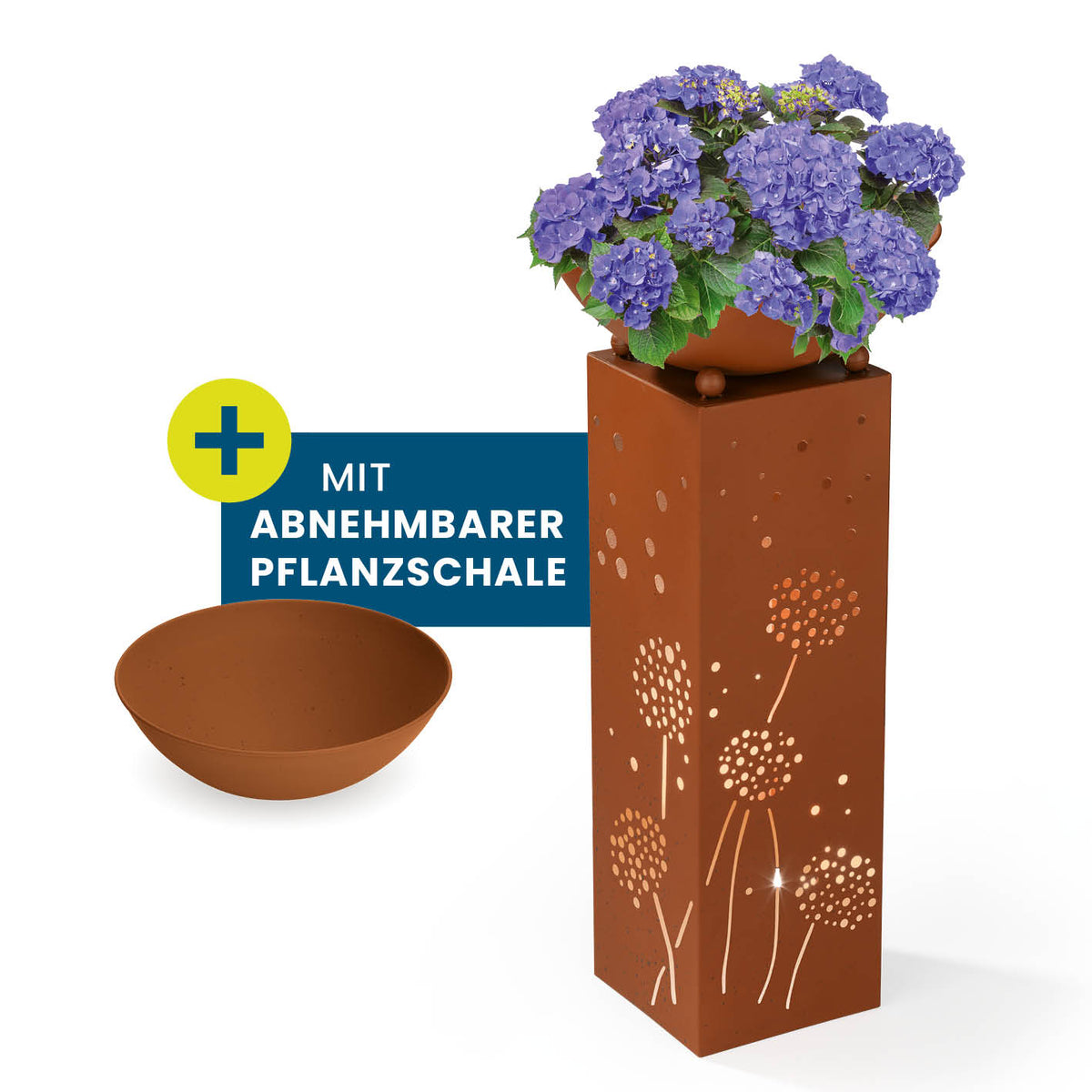 LED Pflanzsäule in Rost-Optik - 19 x 19 x 72 cm mit LED und abnehmbarer Pflanzschale im Pusteblumen-Design, batteriebetrieben, witterungsbeständig.