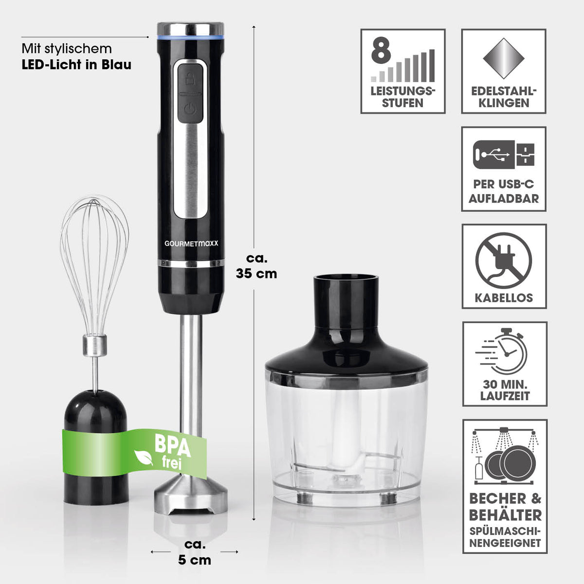 Akku-Stabmixer mit XL-Zubehör-Set kabellos, USB-C aufladbar, Edelstahlklingen, BPA-frei, 30 Min. Laufzeit, spülmaschinengeeignete Behälter.