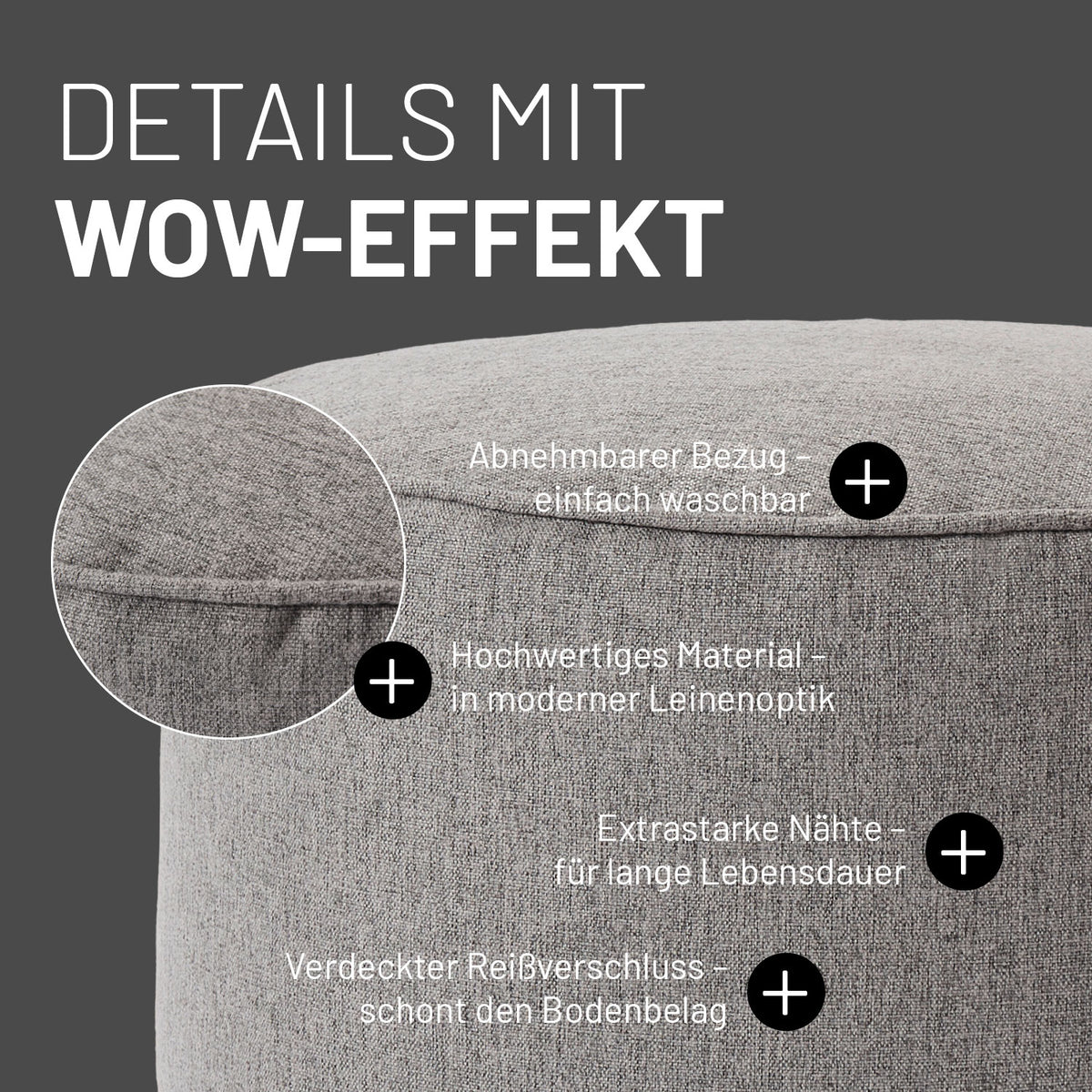 Comfort Line Sitzsack-Hocker/Pouf (50 L) Hellgrau, indoor, abnehmbarer Bezug, hochwertiges Material, extrastarke Nähte, moderner Leinenlook.