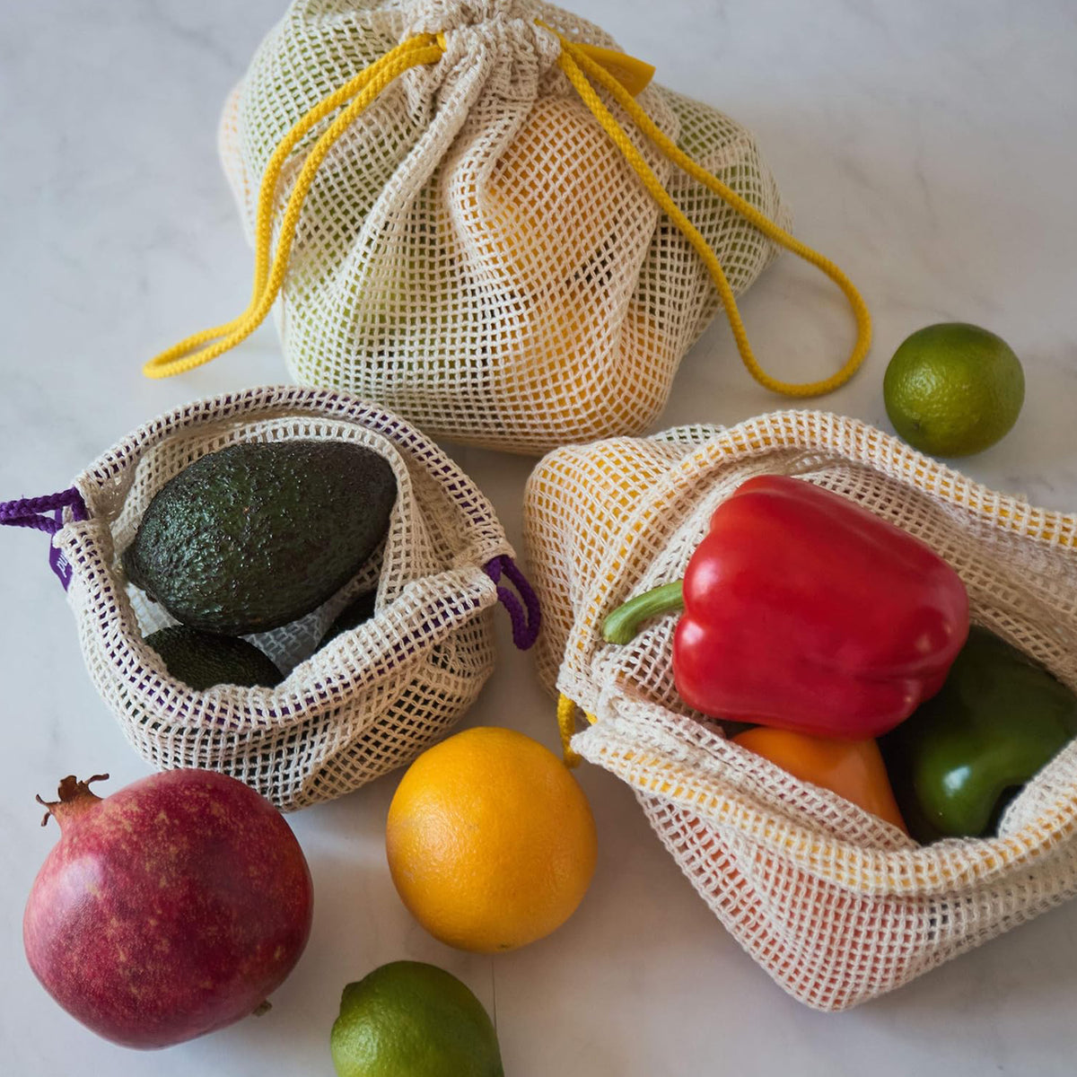 Einkaufsbeutel aus 100% Baumwolle - 4er-Set mit Netzbeuteln für Obst und Gemüse, nachhaltig und wiederverwendbar von Lumaland.