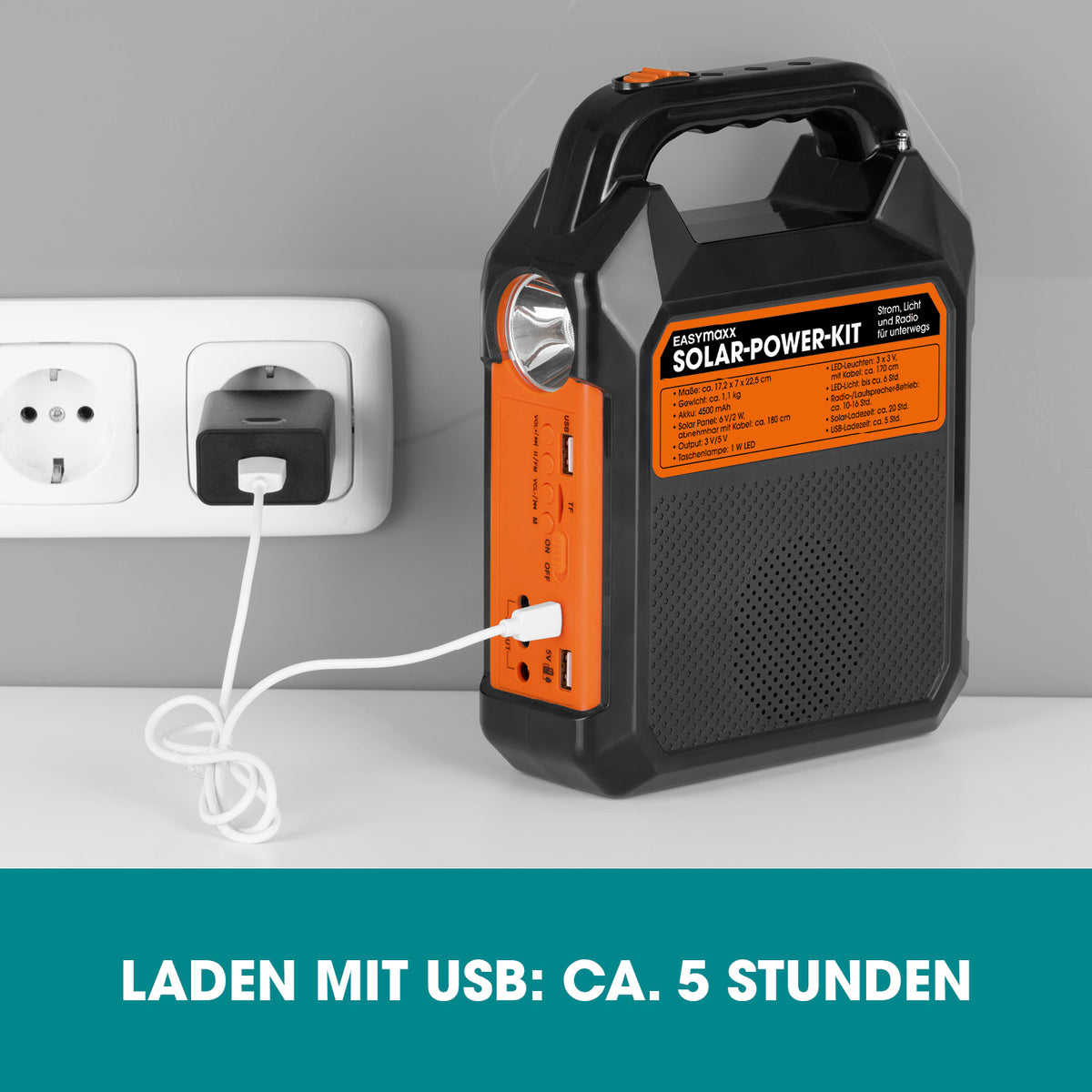 Solar-Generator Kit 4500mAh - schwarz/orange mit USB-Ladefunktion, Taschenlampe, integriertem FM-Radio und LED-Leuchten.