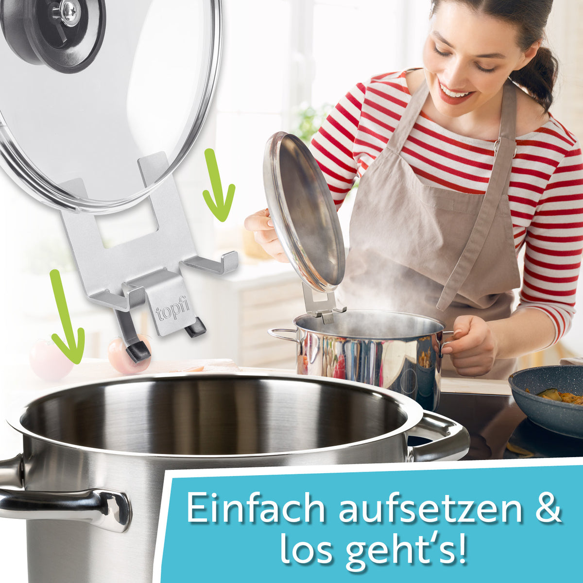 Topfdeckelhalter für Töpfe & Pfannen - 3er-Set aus Edelstahl mit silikonfüßen, kompakt und rutschfest, ideal für 16-30 cm Töpfe.