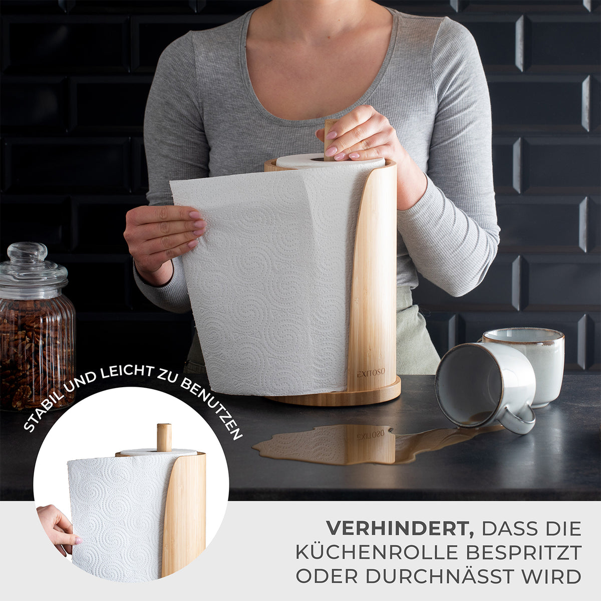 Küchenrollenhalter - Bambus - stehend, stilvoll, langlebig, umweltfreundlich, stabil und platzsparend für Küche, Bad oder Büro.