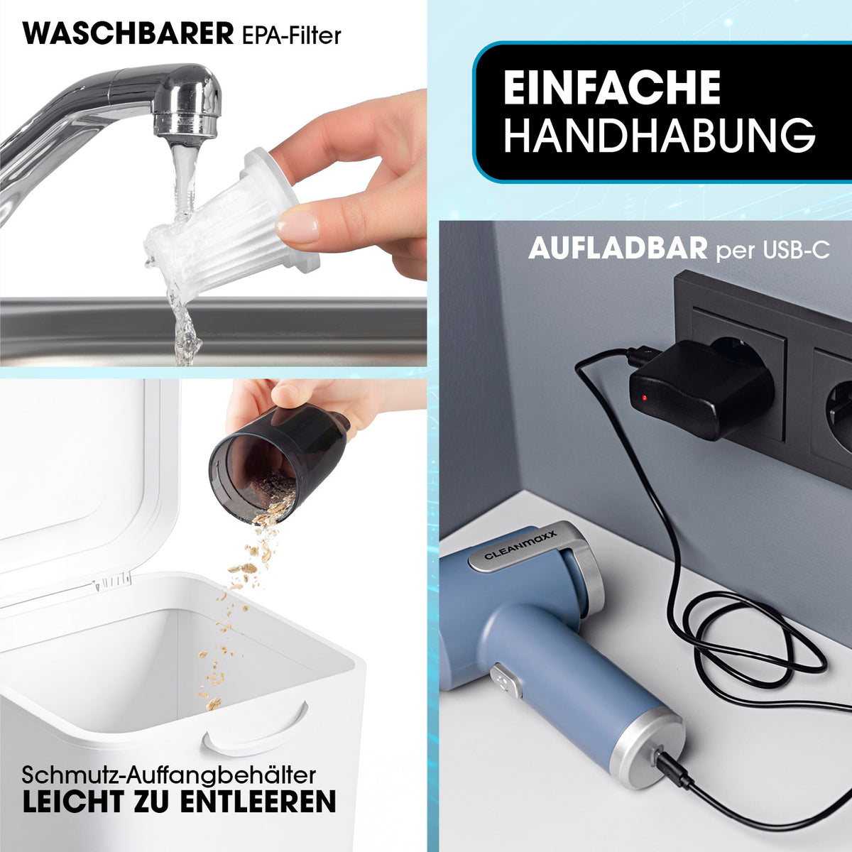 2in1-Akkusauger mit waschbarem EPA-Filter, leicht entleerbarem Schmutzbehälter und USB-C-Aufladung für einfache Handhabung.