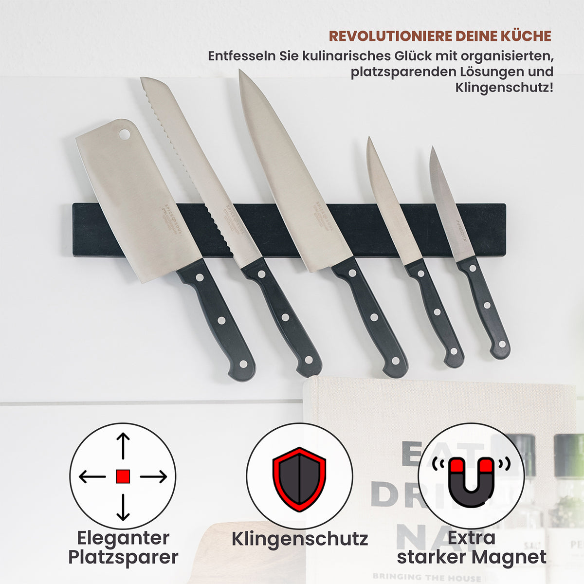 Messer-Magnetleiste - selbstklebend - 40 cm in schwarzem Silikon mit extra starkem Magnet und elegantem, platzsparendem Design.
