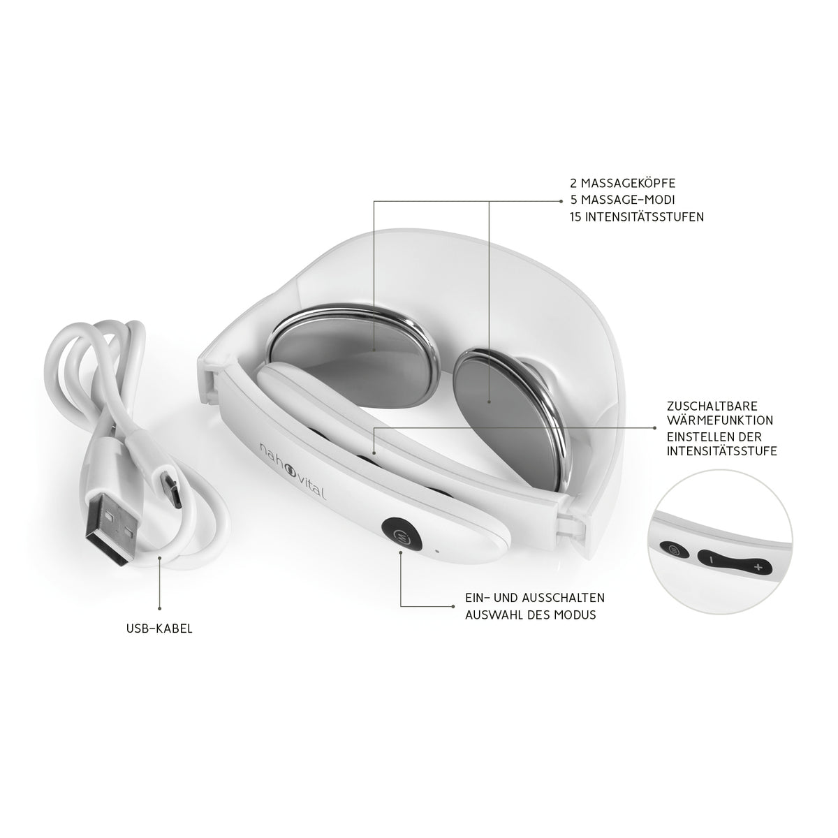 Kompakt-Nackenmassagegerät mit 2 Massageköpfen, 5 Massagemodi, 15 Intensitätsstufen, Wärmefunktion und USB-Kabel.