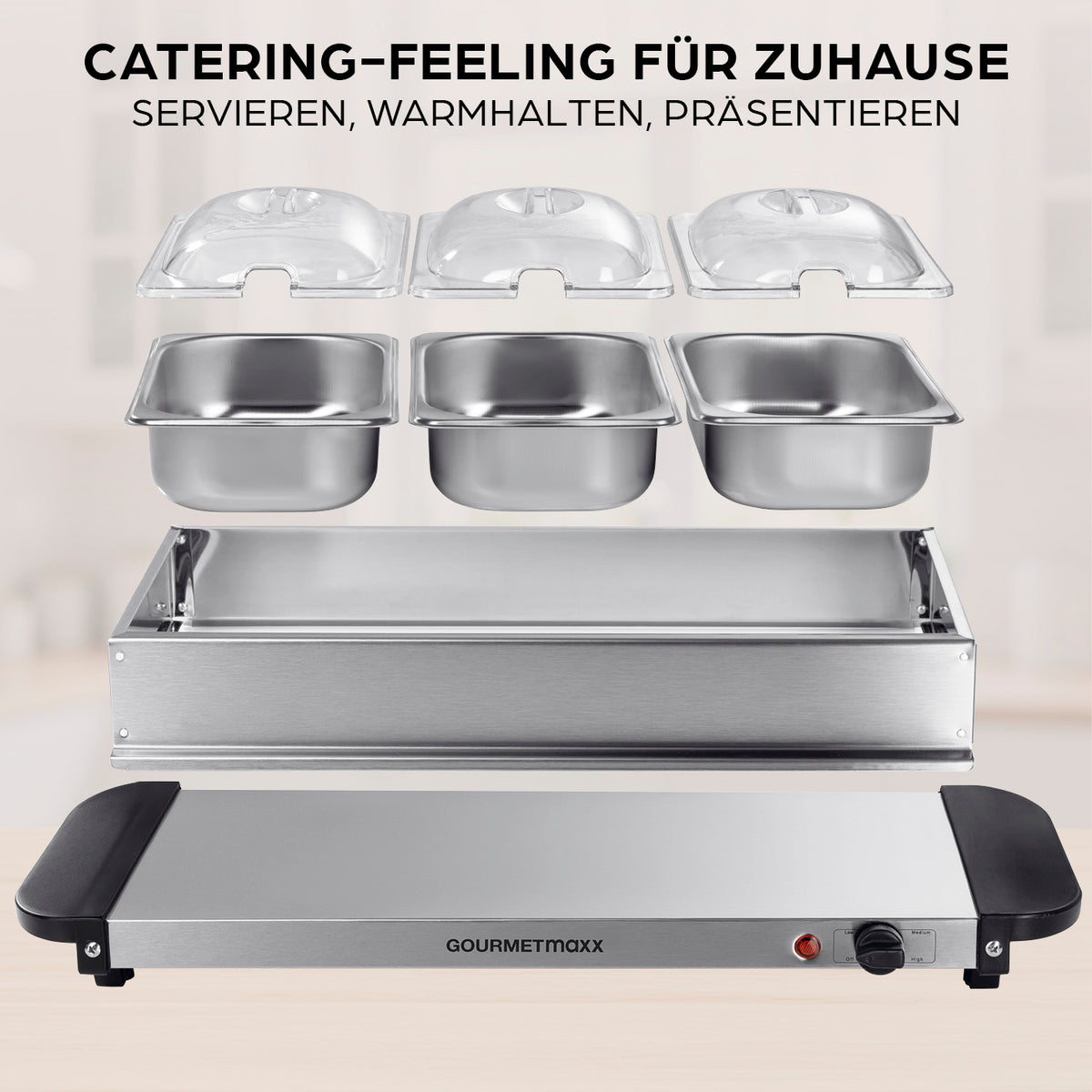 Buffetwärmer – 3 × 1,5 l aus Edelstahl mit 3 Warmhalteschalen und stufenlos einstellbarer Temperatur von 40 bis 80 Grad Celsius