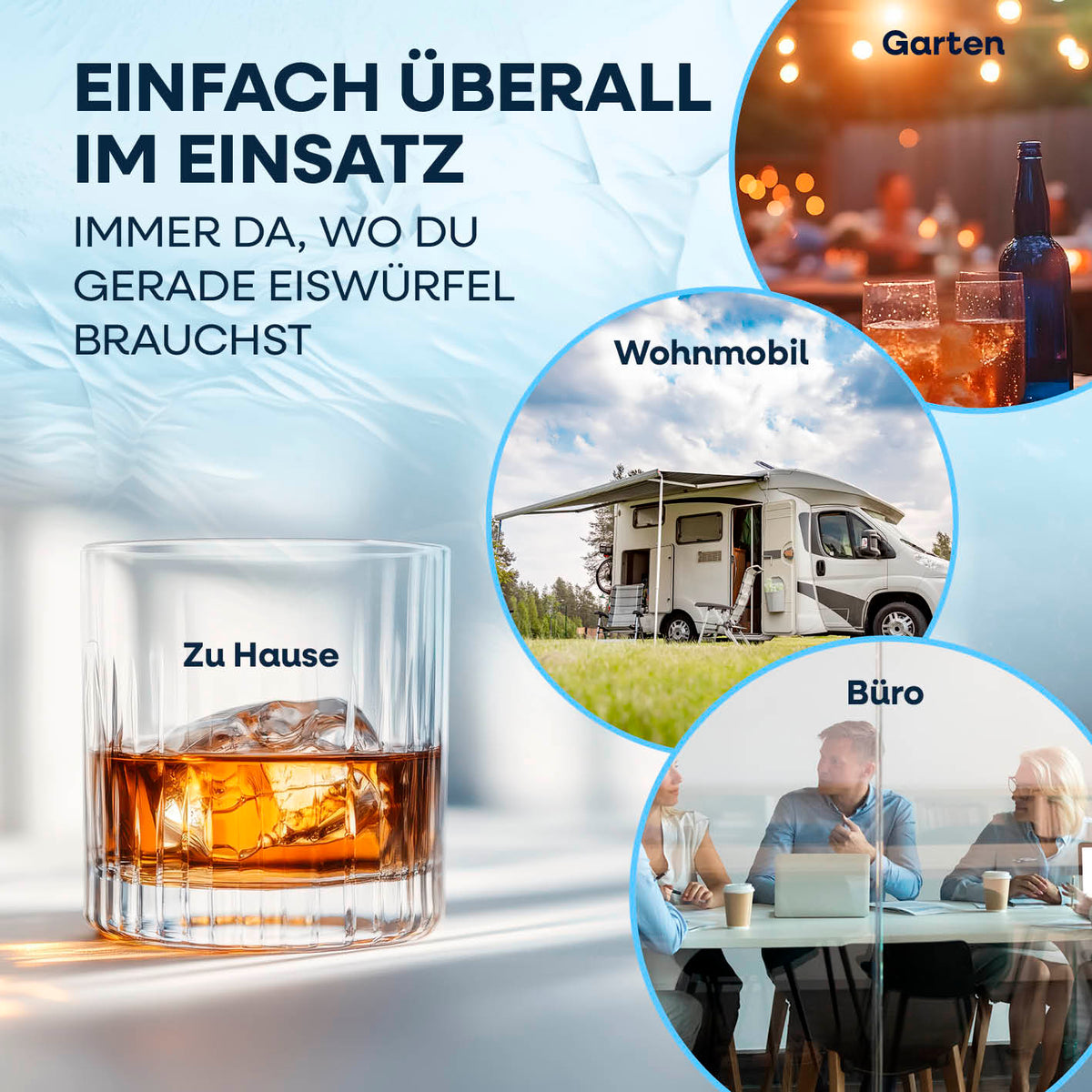 Eiswürfelmaschine inkl. Auffangbehälter & Eisschaufel – mobile Eiswürfelbereitung zu Hause, im Büro, Garten und Wohnmobil.