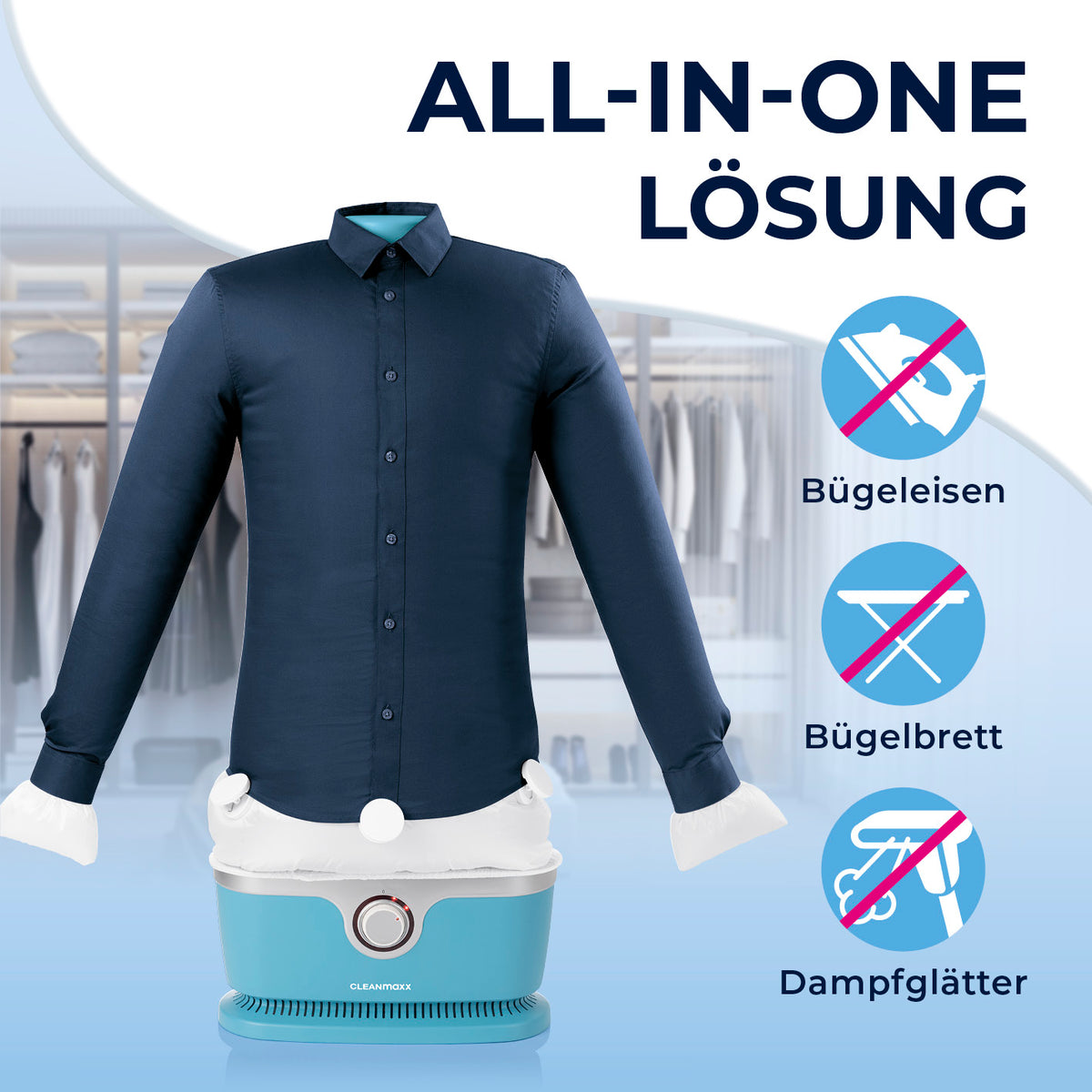 Hemdenbügler PRO - Blau zeigt automatisches Trocknen und Bügeln von Hemden ohne Bügeleisen, Bügelbrett und Dampfglätter.