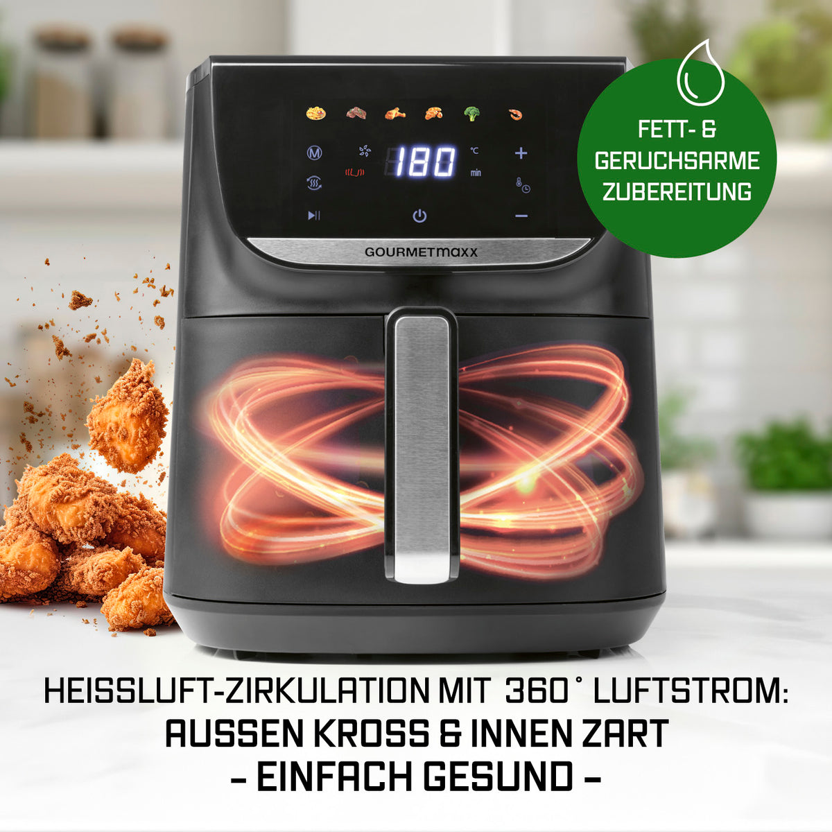 Heißluftfritteuse - 5,5 Liter mit 7,8 Zoll LED-Touchdisplay, 1700 Watt und fettarmer Heißluftzirkulation für gesunde Gerichte.