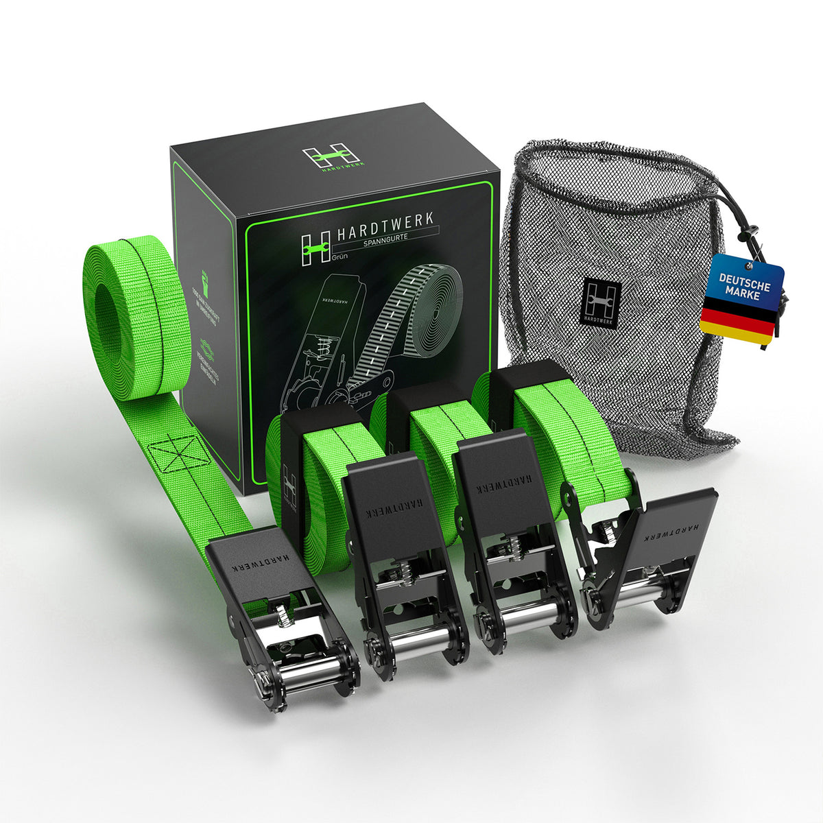 Spanngurte mit Ratschen - 4er-Set - Neongrün mit robuster Ratsche und Tragetasche für sichere Ladungssicherung bis 1000 kg Greifkraft.