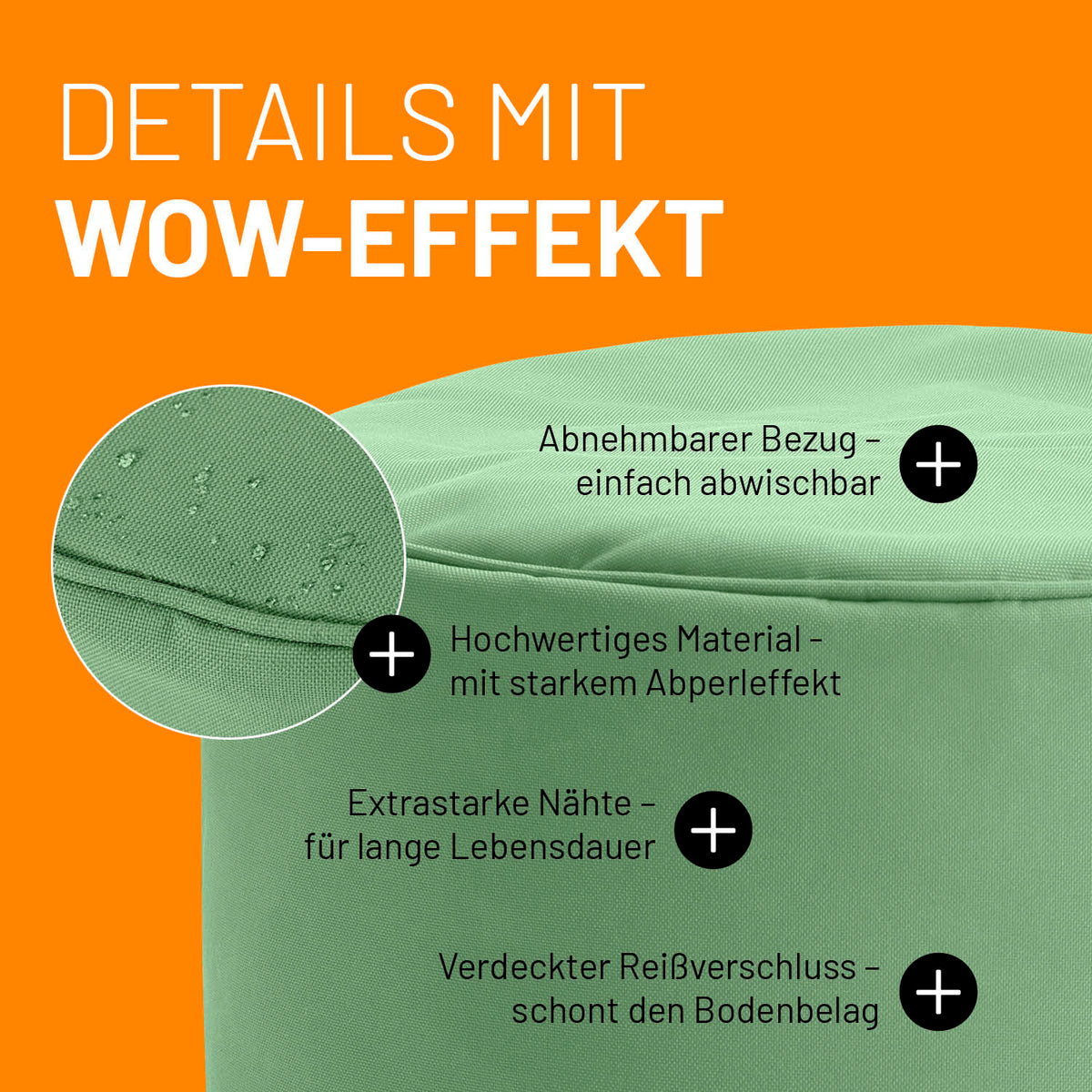 Sitzsack-Hocker/Pouf (50 L) - indoor & outdoor - Pastell Grün mit abnehmbarem Bezug, starkem Abperleffekt und verdreckt verschluss.