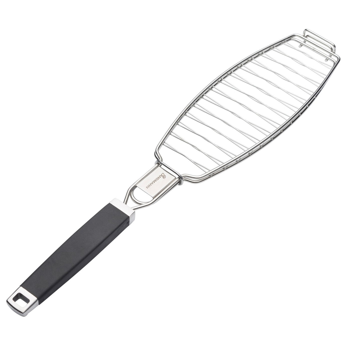 Pure Fischbräter aus Edelstahl mit ergonomischem, gummiertem Griff für sichere und komfortable Handhabung beim Grillen.