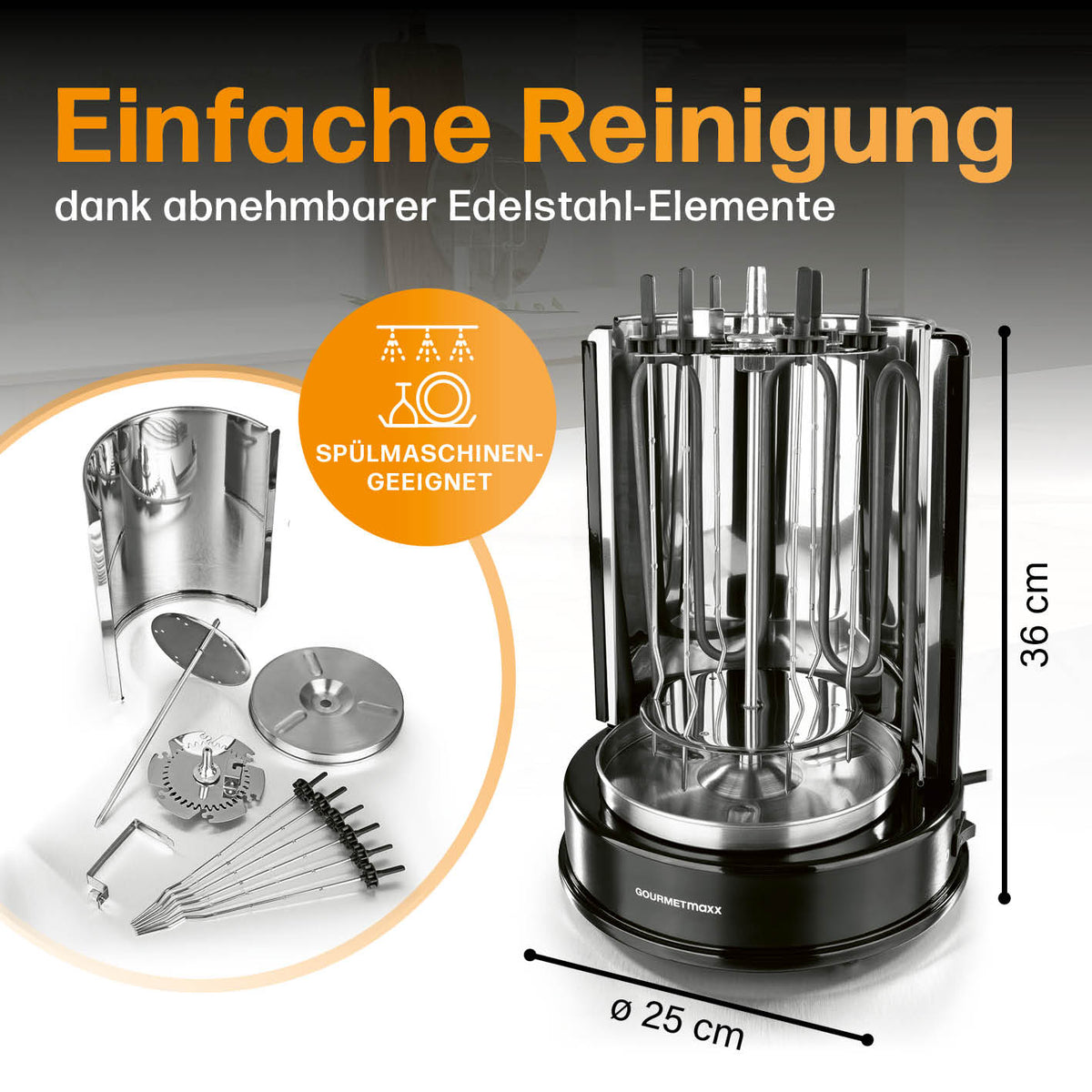 Dönergrill mit abnehmbaren Edelstahl-Elementen, 36 cm hoch, spülmaschinengeeignet für einfache Reinigung und vielseitiges Grillen zu Hause.