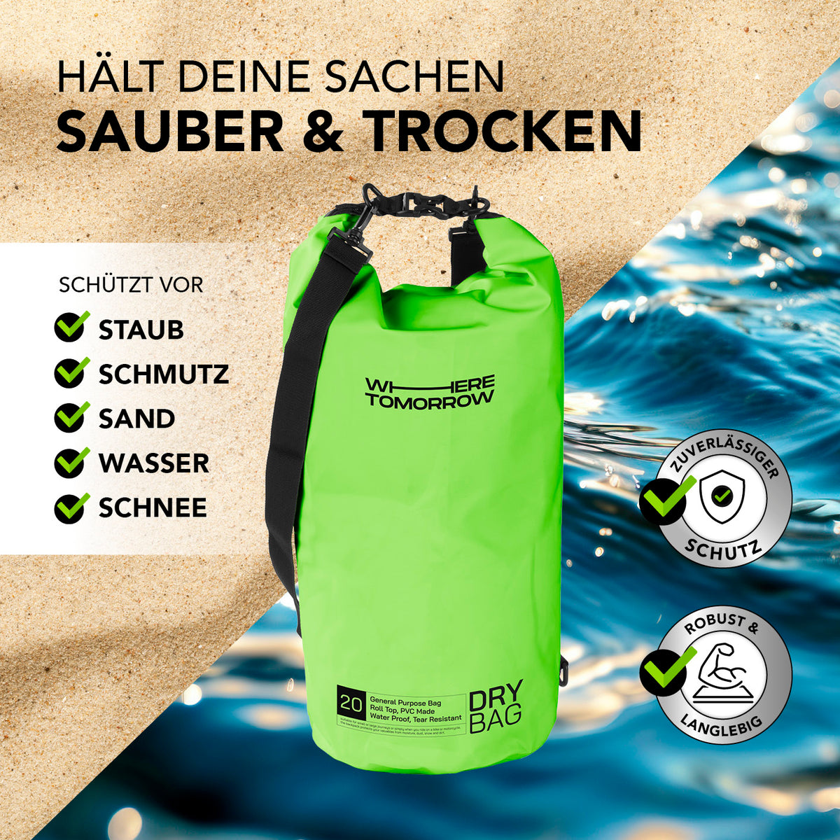Dry Bag 20L - Style 01 - Grün, wasserdichter und robuster Outdoor-Rucksack zum Schutz vor Sand, Wasser, Staub und Schnee.