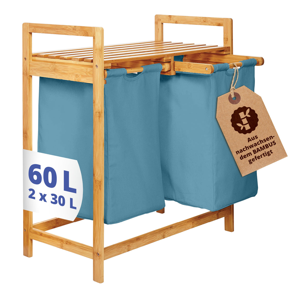 Bambus Wäschekorb mit 2 ausziehbaren blauen Wäschesäcken, 73 x 64 x 33 cm, langlebig und pflegeleicht, 60 Liter Fassungsvermögen.