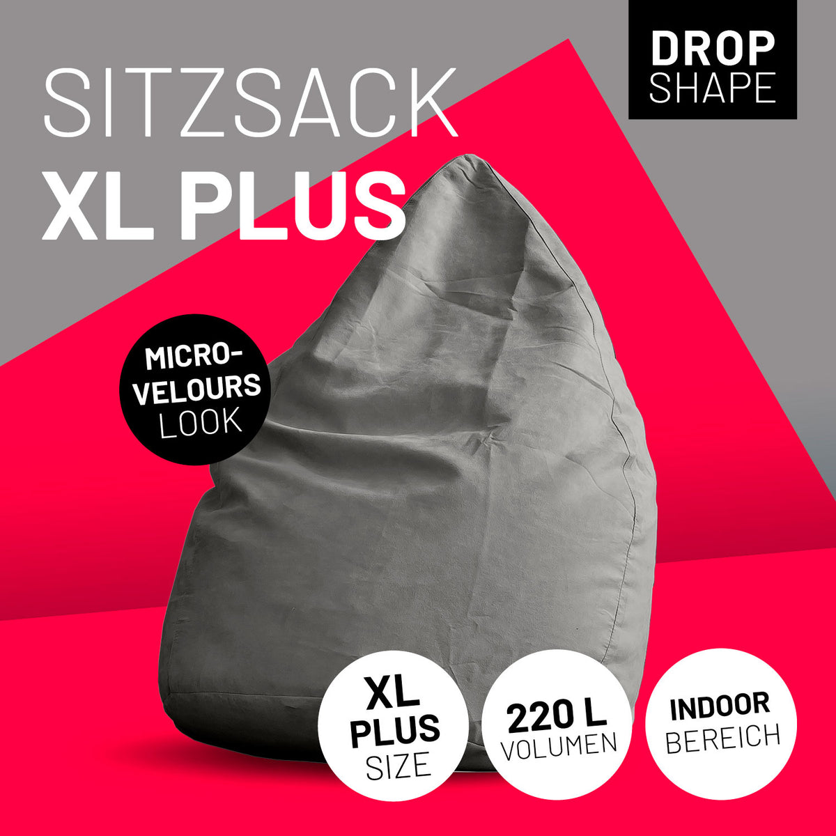 Luxury XL PLUS Sitzsack (220 L) in Grau mit Micro-Velours Look, ideal für den Indoor-Bereich, bequeme Sitzform und hohe Stabilität.