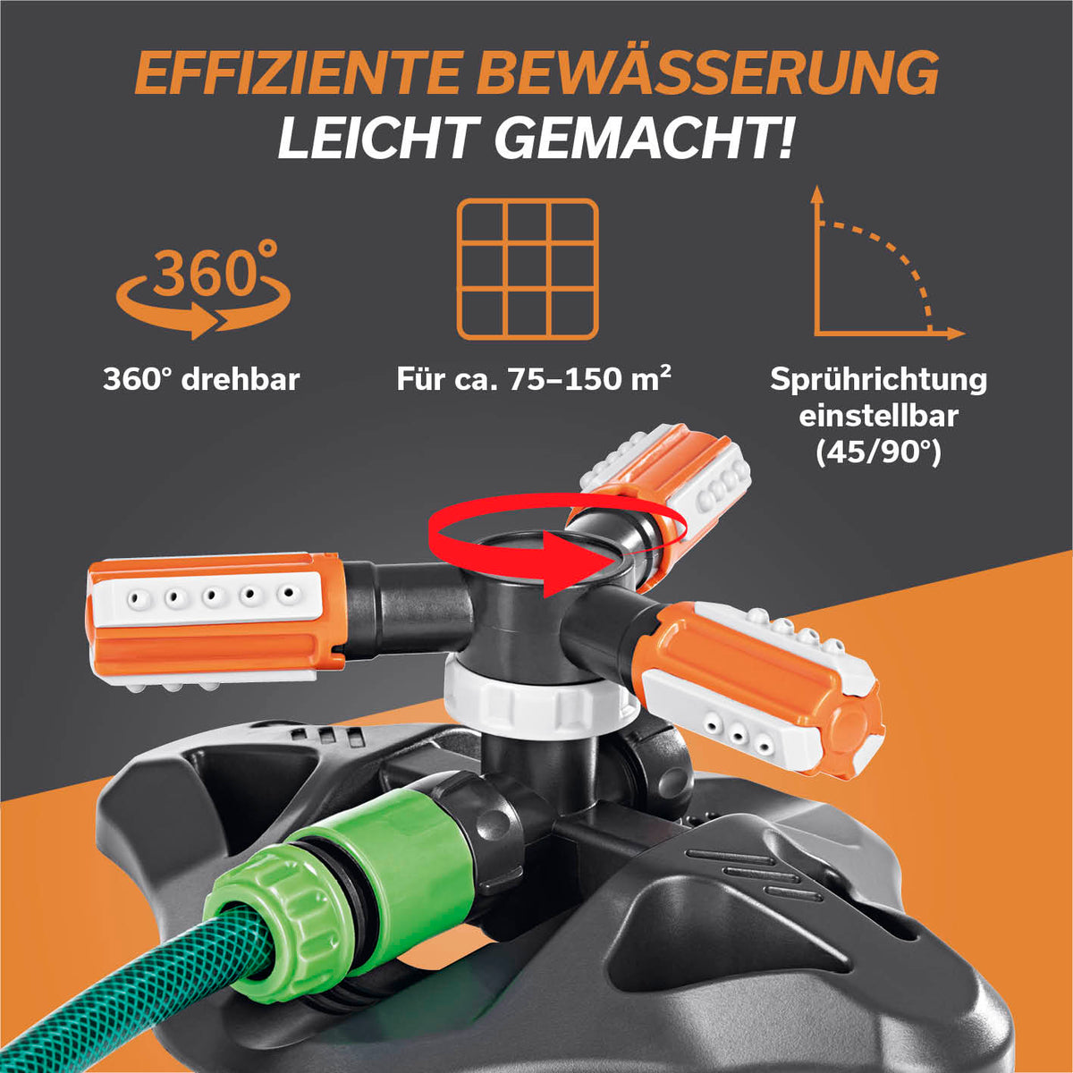 360°-Gartensprinkler - 2er-Set mit 360°-Rotation, 3 rotierenden Armen, einstellbarer Sprührichtung und 75–150 m² Bewässerungsfläche.
