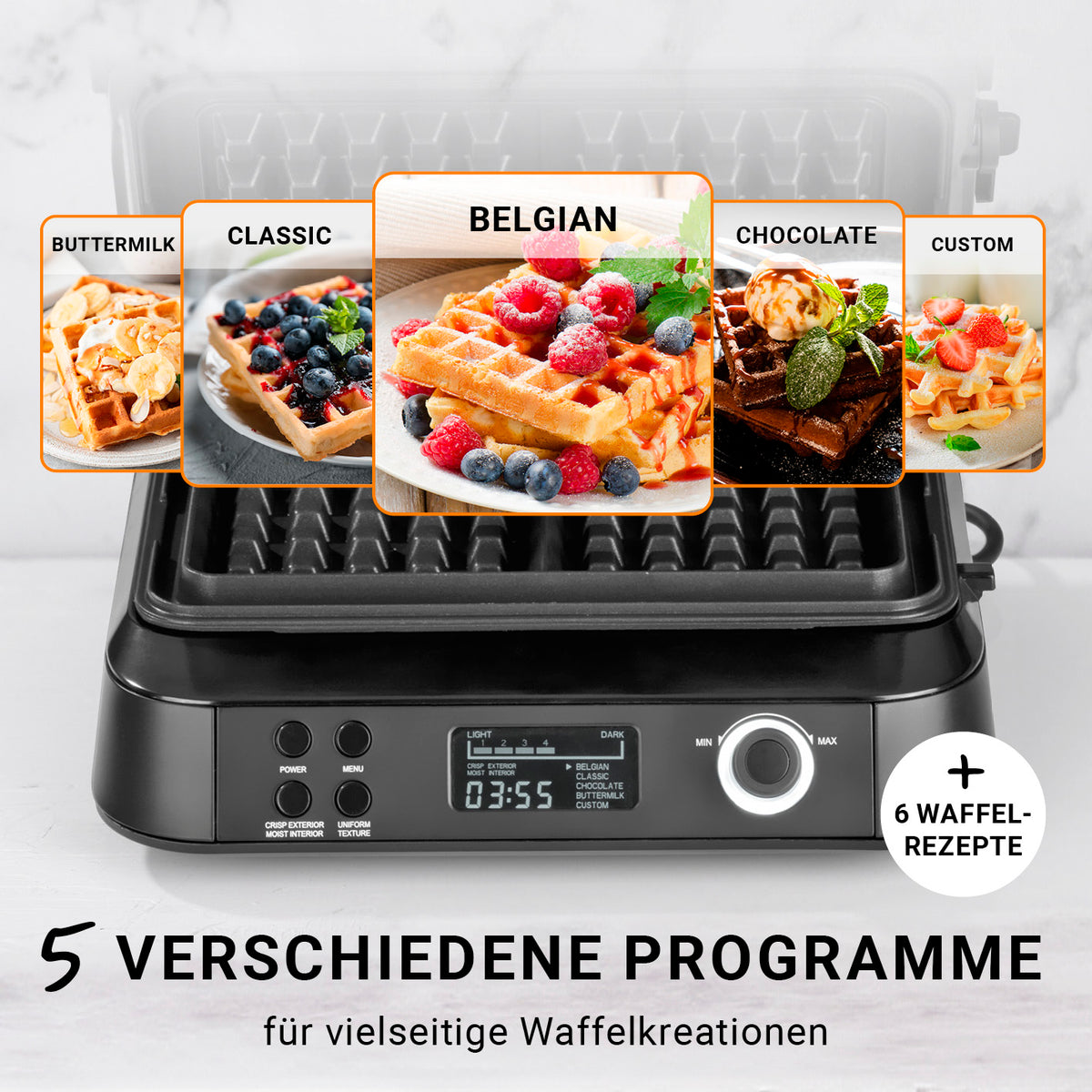 Premium-Waffeleisen mit 5 Programmen für Belgische, klassische, Schoko-, Buttermilch- und individuelle Waffeln, LCD-Display und Antihaftbeschichtung.