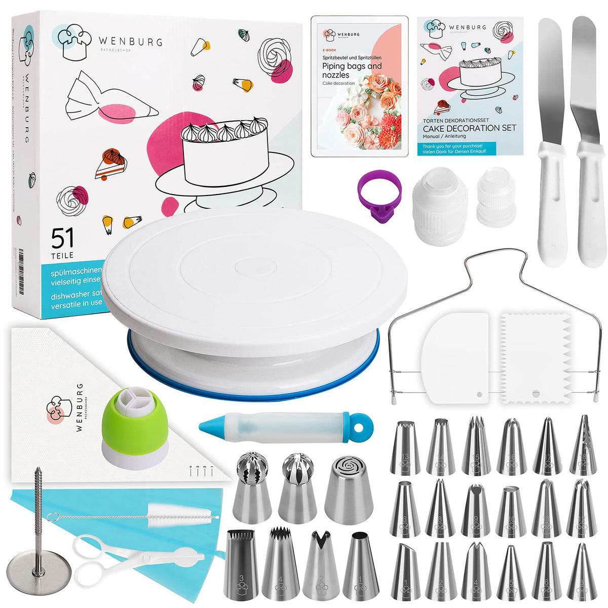 Drehbare Tortenplatte - 28 cm - 51-tlg. Set mit Spritztüllen, Spritzbeuteln, Winkelpaletten und Torten-Deko-Zubehör.
