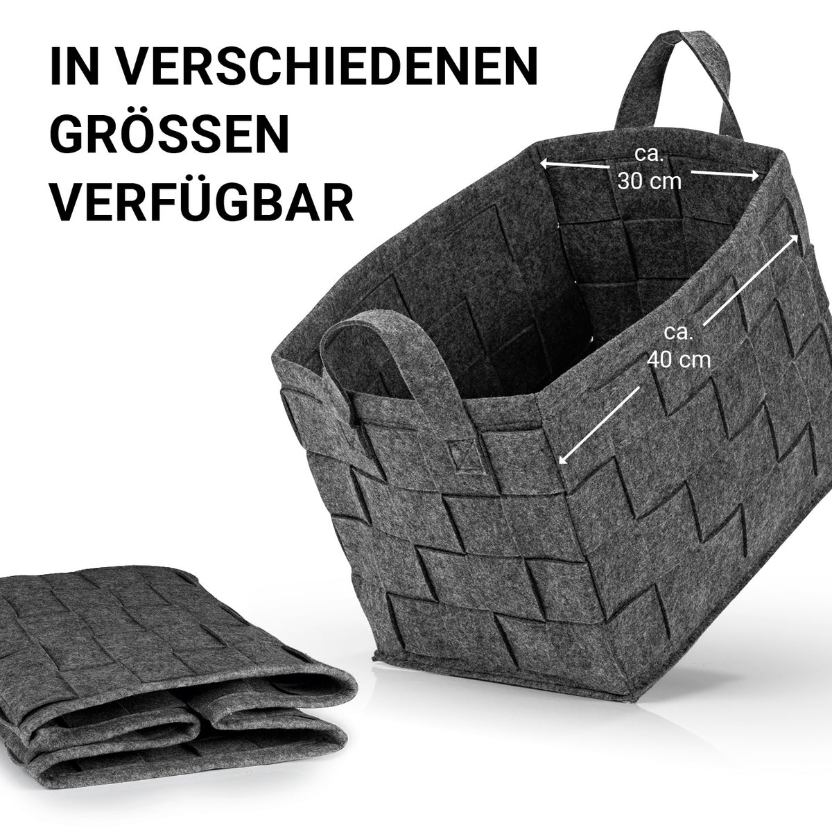 Filz-Aufbewahrungstasche L - 40 x 30 x 30 cm - Dunkelgrau, faltbar mit Tragegriffen, robuster moderner Aufbewahrungskorb aus Filz.