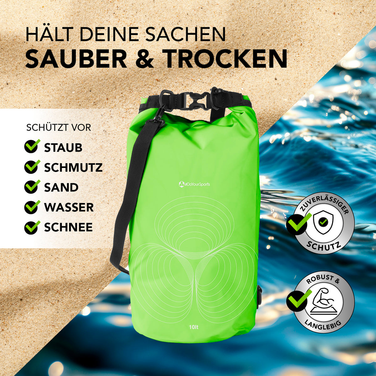 Dry Bag 10L - Grün, wasserdichter, robuster Rucksack mit UV-Schutz für Outdoor-Abenteuer, schützt vor Staub, Schmutz, Sand, Wasser und Schnee.