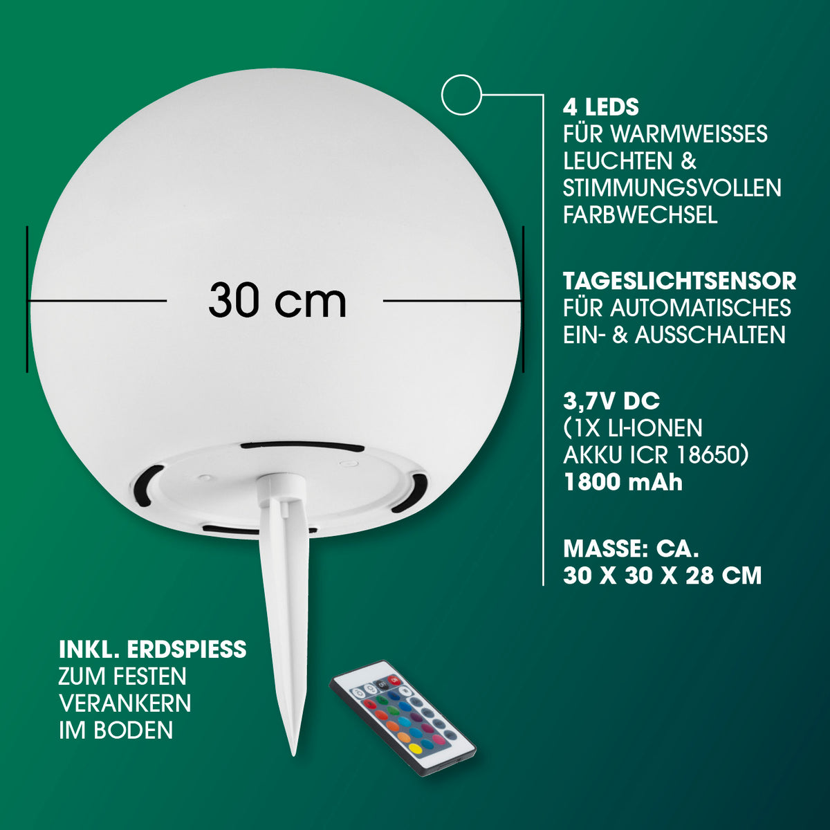 Solar-Dekokugel mit Farbwechsel, 4 LEDs, Tageslichtsensor, Erdspieß, 30 cm Durchmesser, IP67, stimmungsvoller Farbwechsel, solarbetrieben.