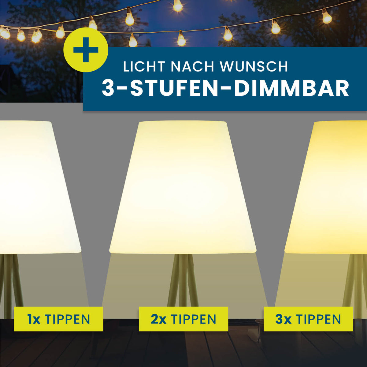 Solar-Stehlampe mit 3-stufig dimmbarem warmweißem Licht, kabellos und flexibel für In- und Outdoor-Bereich.