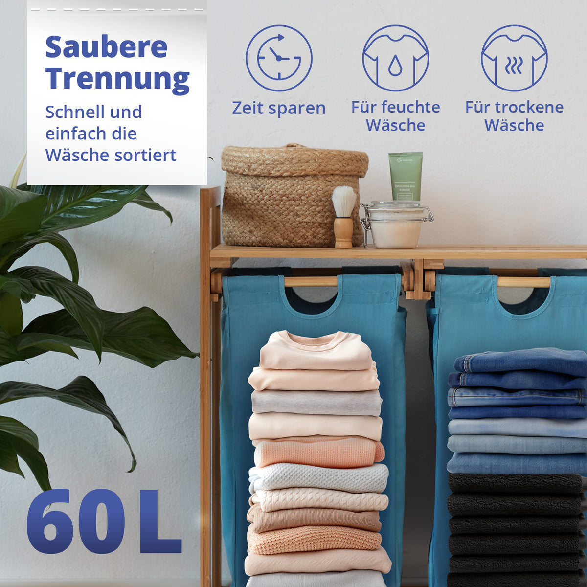 Bambus Wäschekorb mit 2 ausziehbaren Wäschesäcken 73x64x33 cm Blau, 60L, für feuchte & trockene Wäsche, stilvoll und praktisch.