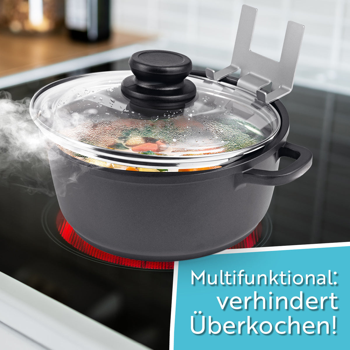 Topfdeckelhalter für Töpfe & Pfannen - 2er-Set aus Edelstahl mit Silikonfüßen schützt vor Überkochen und Kratzern.