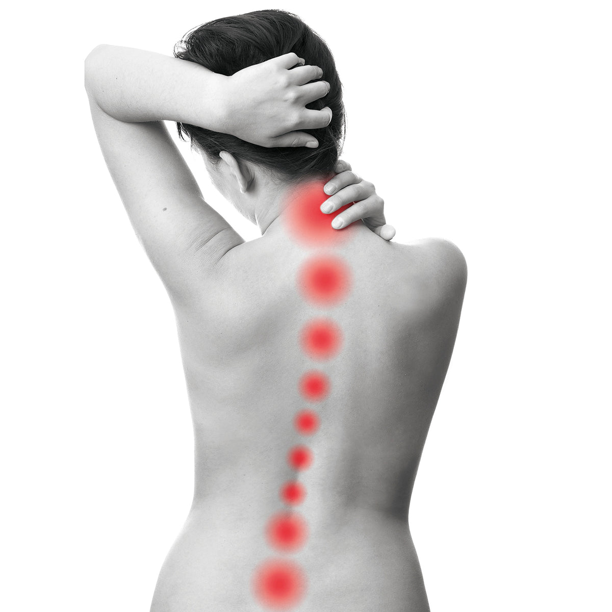 Frau mit schmerzhaften Rückenpunkten, visualisiert zur Anwendung des Schmerztherapie-Geräts Ultraschall bei Verspannungen und Schmerzen.