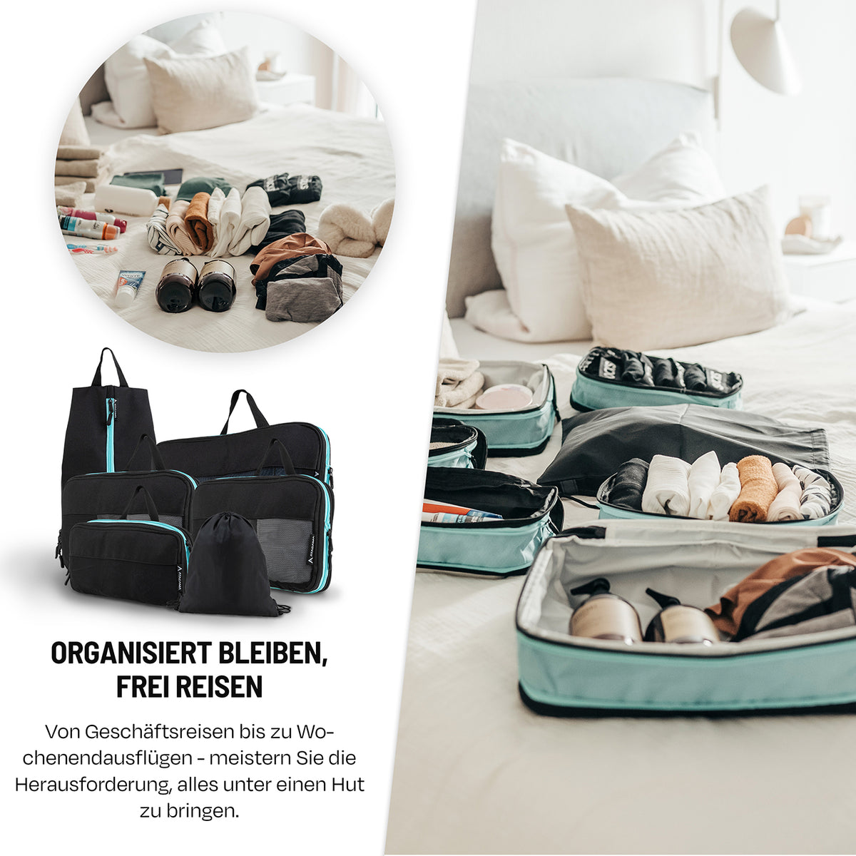 Packtaschen mit Kompression - 6er-Set - Schwarz, leicht, robust, mit Nasswäschefach und extra Schmutzwäschefach für optimales Packen.
