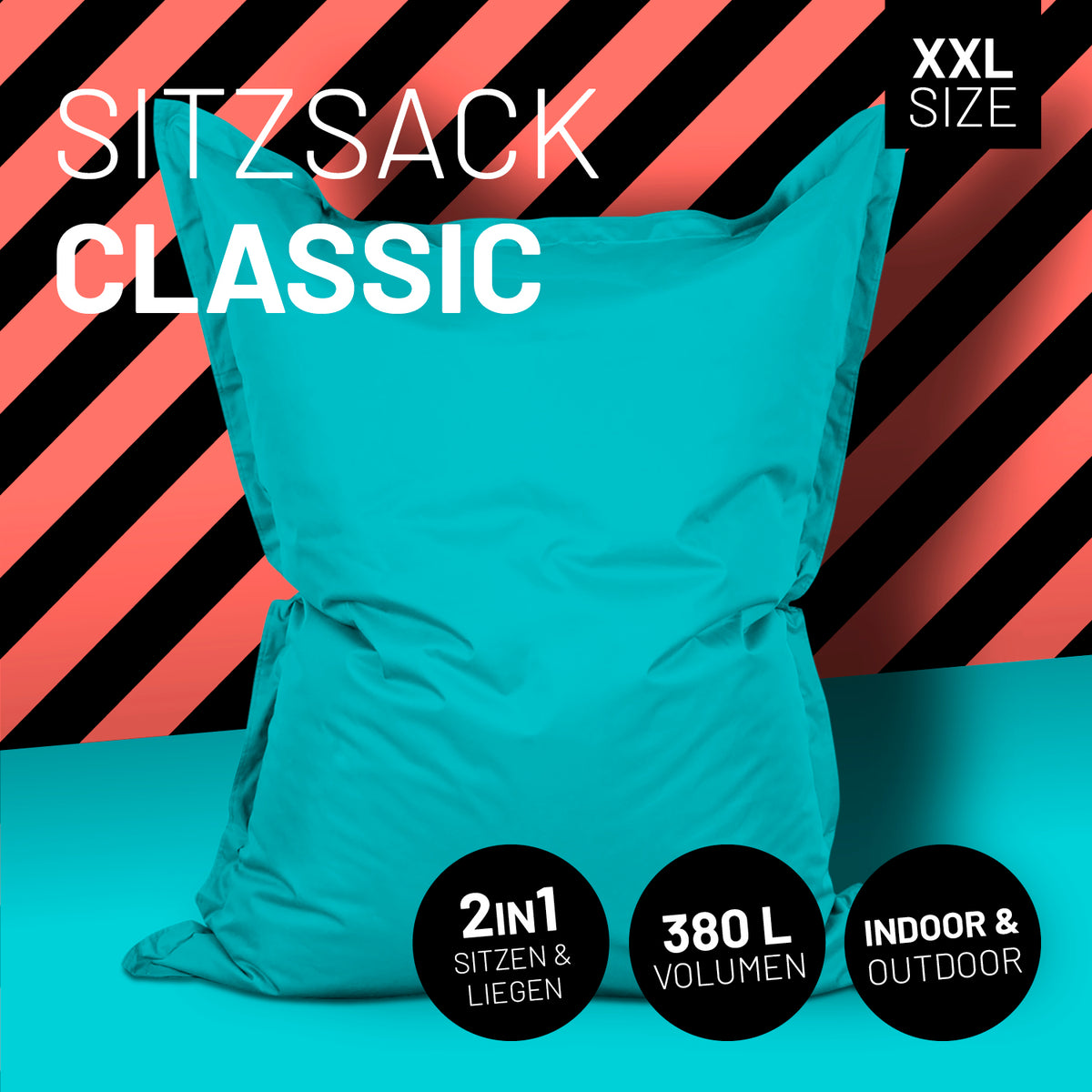 Sitzsack Classic XXL (380 L) in Aquamarin, für drinnen & draußen, 2in1 Sitzen & Liegen, pflegeleicht mit extra starker Naht.